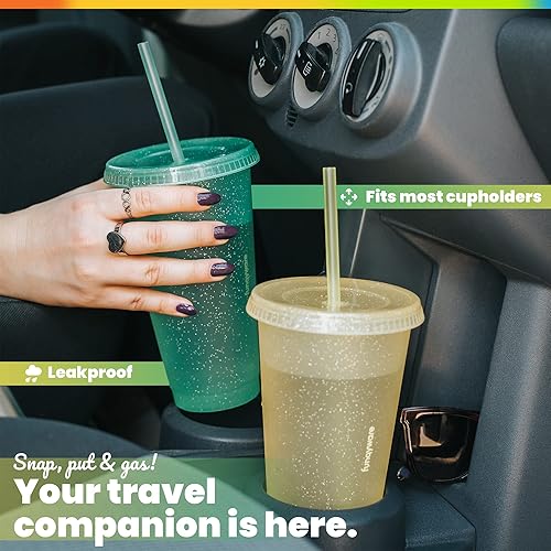 Miniatura 3 de Vasos con tapas y popotes para adultos  5 vasos reutilizables con purpurina con tapas y pajitas en colores caramelo, vasos de plástico de 24 onzas