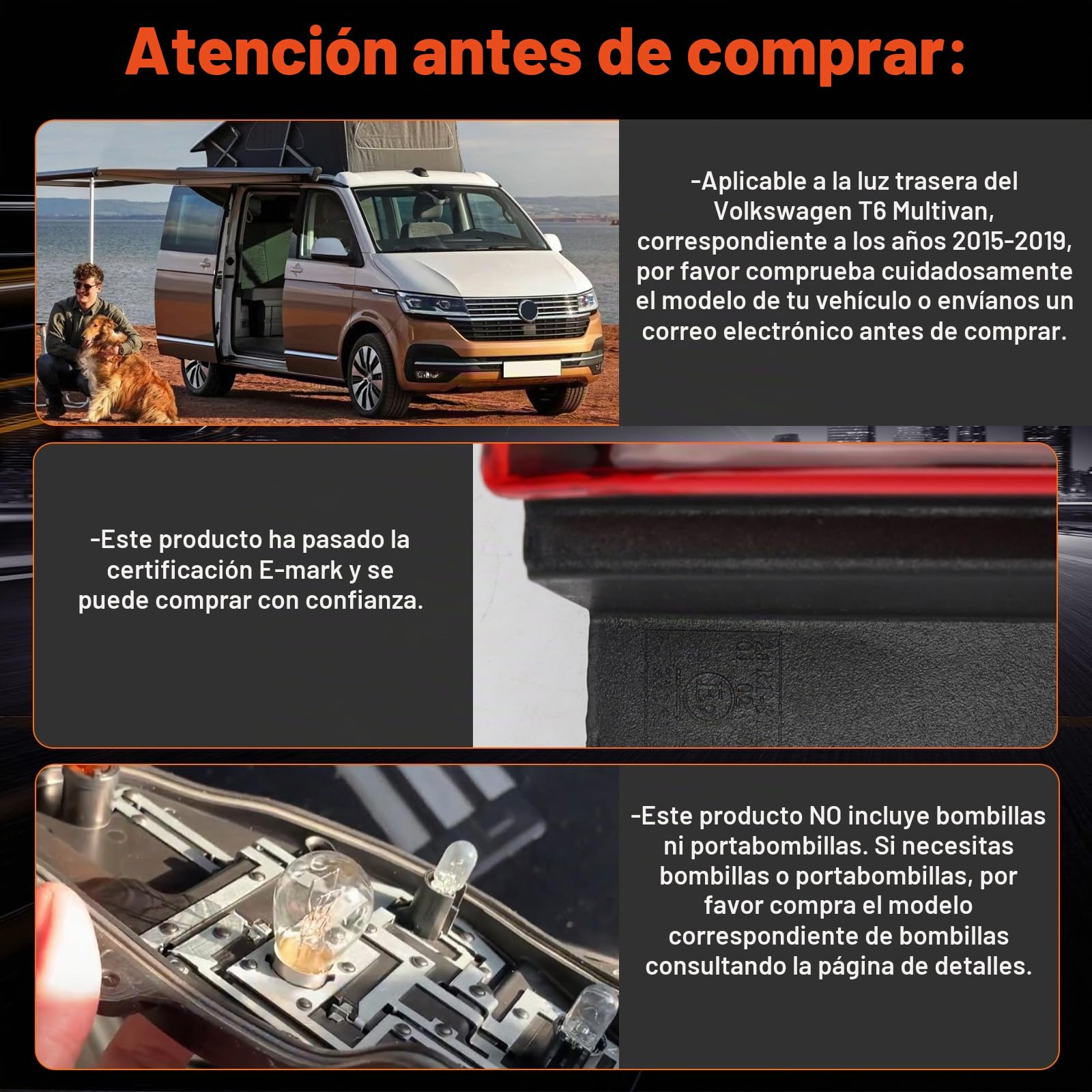 Luz trasera sin bombilla izquierda de repuesto para VW Transporter T6 Van 2015 – 2019, luz trasera básica roja transparente, 7E0945095K 7E0945095R 7E0945095AA 7E0945095AD
