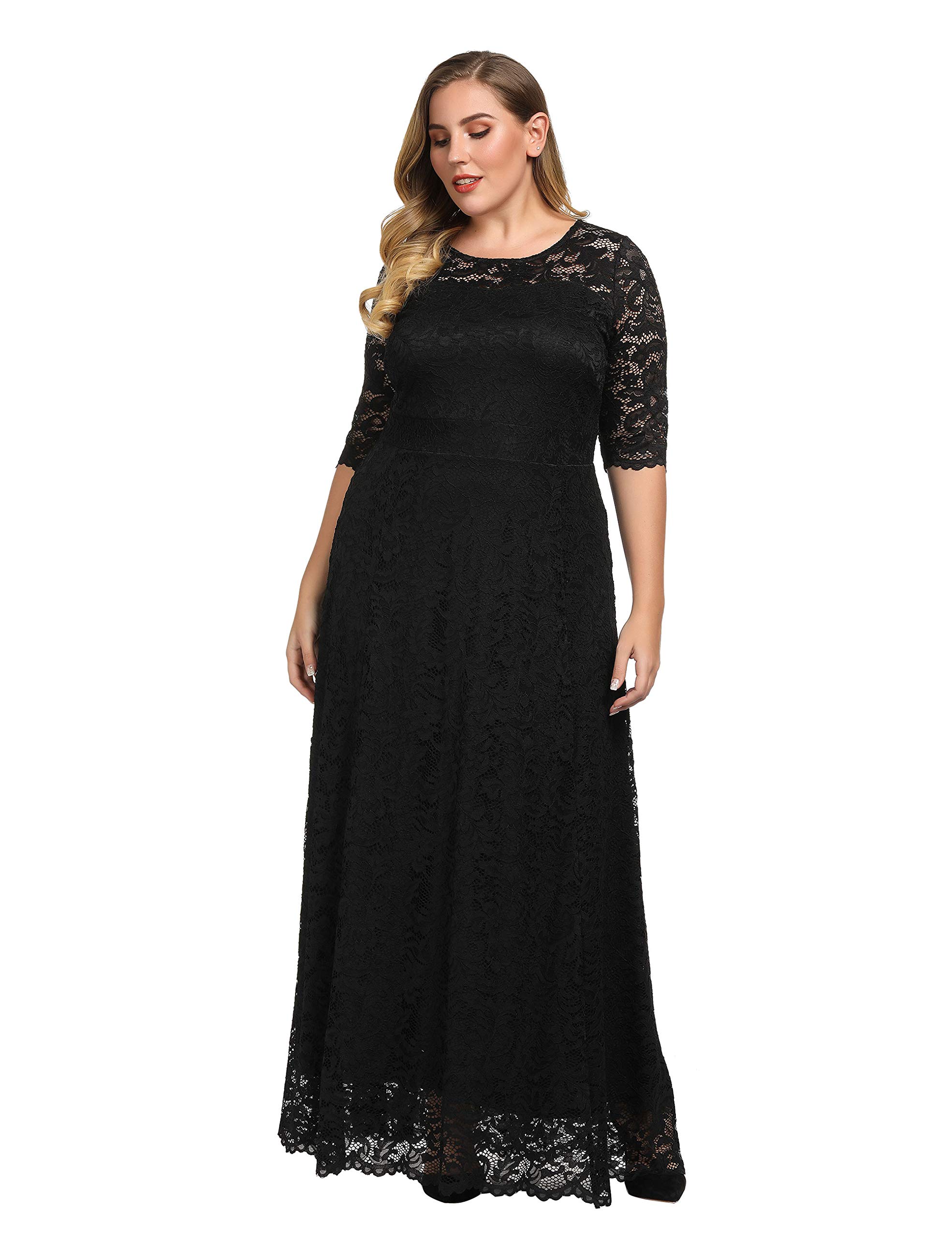 Women's Plus Size Stretch Lined Floral Lace Maxi Dress with 3/4 Sleeves - Evening Wedding Party Cocktail Dress …