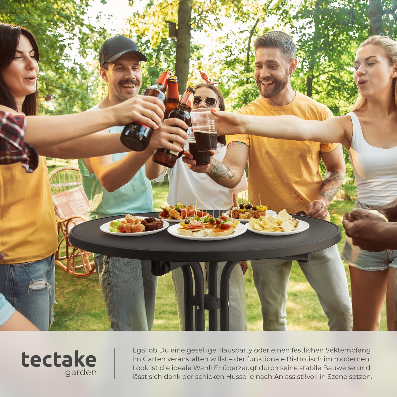 tectake® Gastro Stehtisch klappbar, Bistrotisch mit Husse, Tisch Ø80cm, Stehtisch mit MDF-Tischplatte, Gartentisch klappbar, Klapptisch, rund, Stahlgestell, stabil und robust - schwarz, 1 Stehtisch