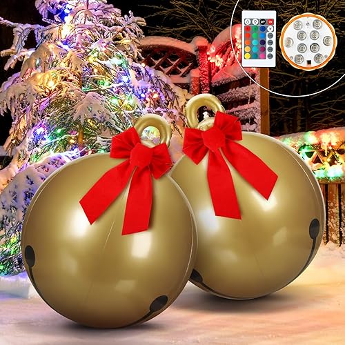 2 Pcs Light up Inflatable Christmas Balls 24 Inch PVC Decorated Ball Xmas Blow up Ball Decorations Outdoor with LED Light and Remote for Yard Lawn