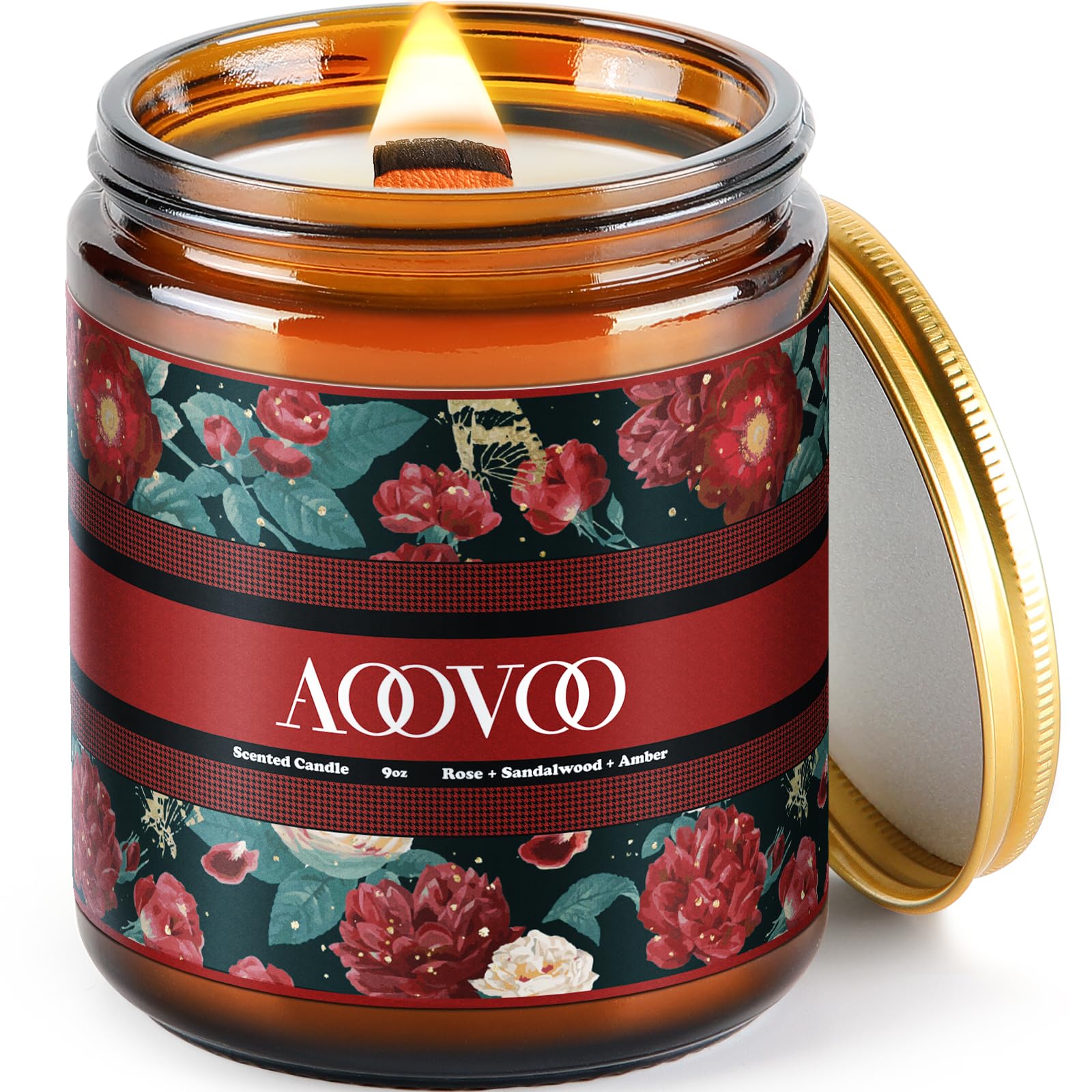AOOVOOCandles for Home Scented - Wood Wick Scented Candles | Crackling Candles | Natural Soy Candles Gifts for Women Men, Ideal for Creating Relaxing Ambience & Holiday Gifting, Rose & Sandalwood