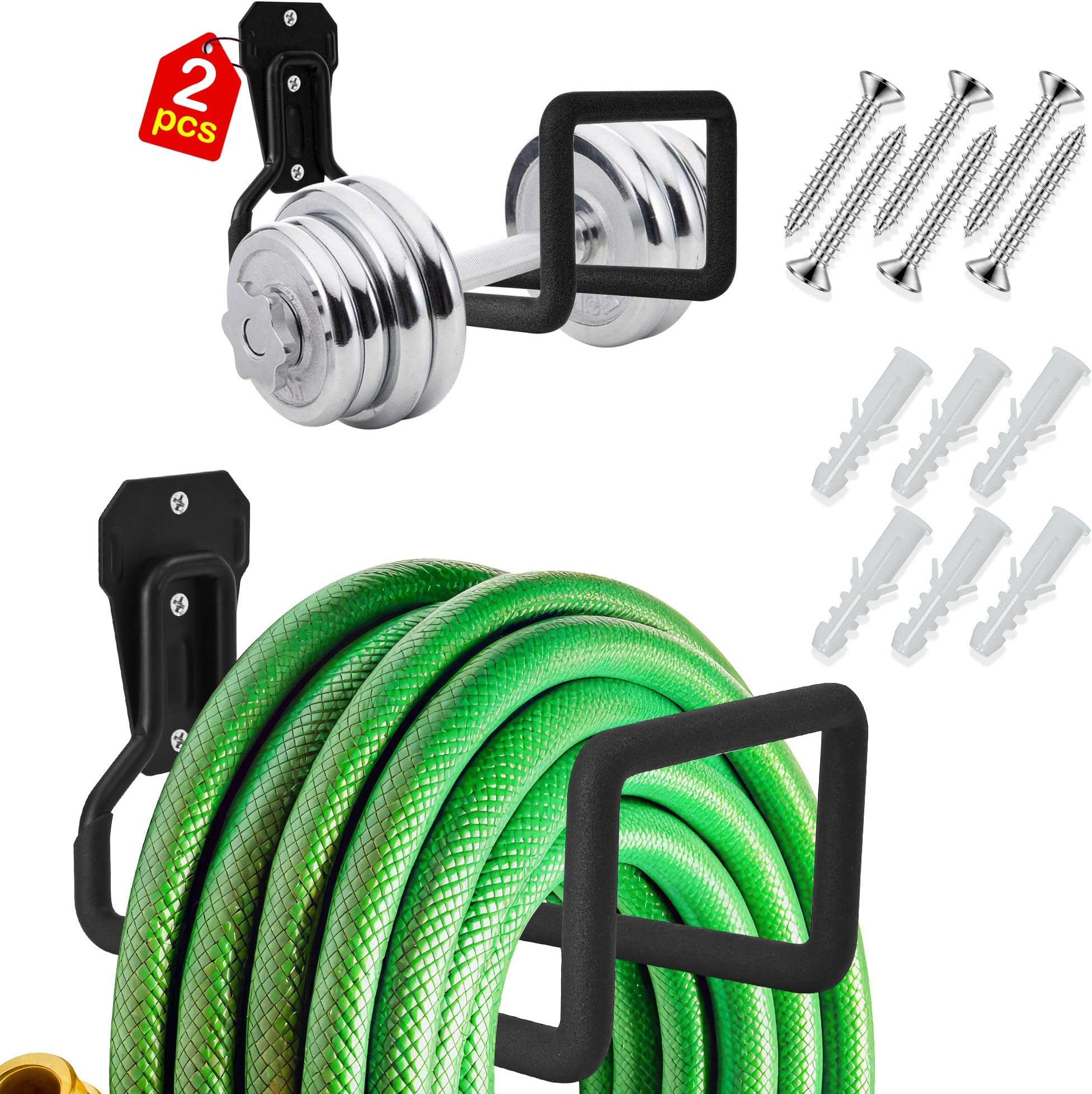 TECHSHARE Metal Garden Hose Holder - Heavy-Duty Wall-Mount Hose Reel for Garage and Outdoor Use, Sturdy Hose Holder for Water Hose and Car Charging Cable or Anything（2pcs）