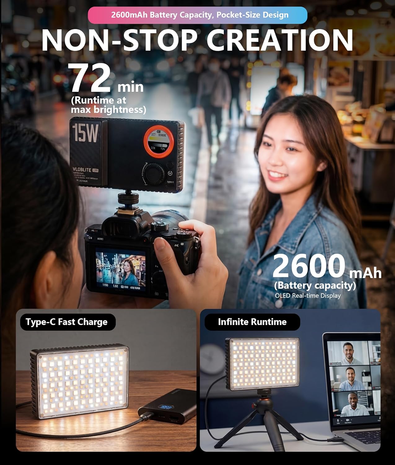 LOUERN 15W RGB Video Light, 0-359° Hue, 1800K-9000K CRI95+, 20 Scene Effects, 2600mAh Rechargeable, Magnetic Diffuser, Cold Shoe, for Photography, Portrait, Product Shooting and Vlogging