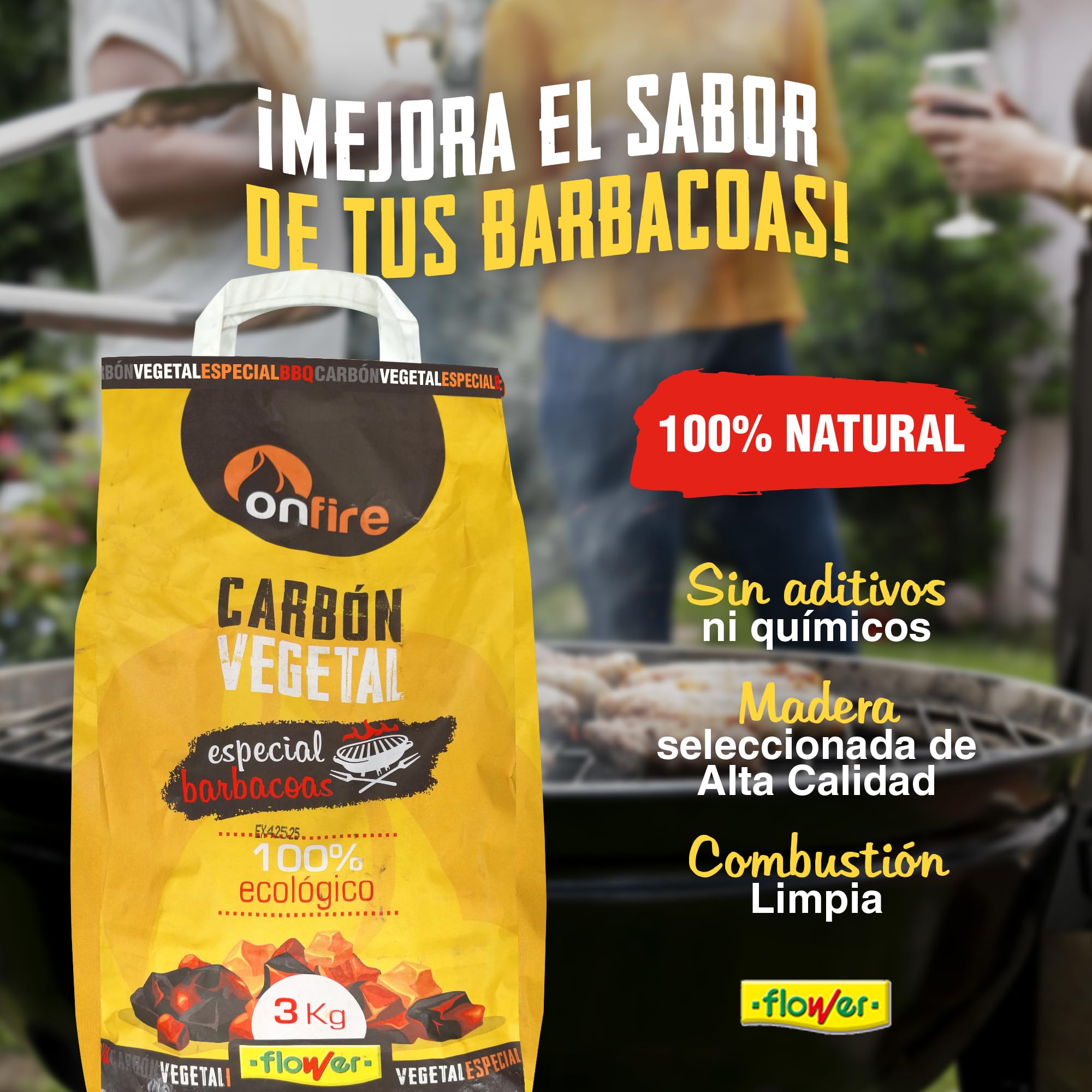 FLOWER Carbon Barbacoa Vegetal 100% Natural 12 KG | Carbón Barbacoas, Parrilas y Chimeneas Sin Humo, Sin Aditivos Químicos Ni Minerales | Alto Poder Calorífico | Encendido Rápido y Fácil (12 KG)