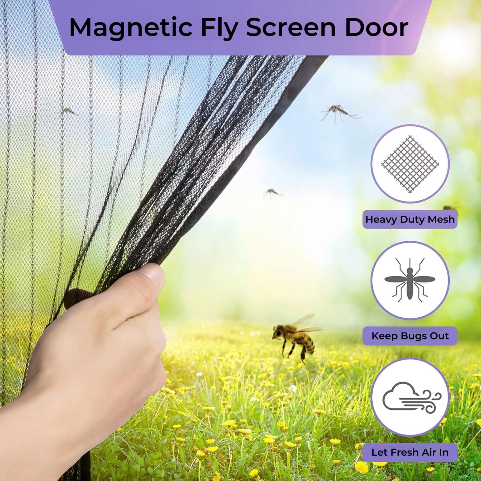 Magnet Fliegengitter Fenster 202 x 170 cm (Anpassbar) Katzenkrallen Sicher, Stärkere Magneten Balkontür Insektenschutz mit Selbstklebendes Klettband für Fenster Schiebetür, Schwarz