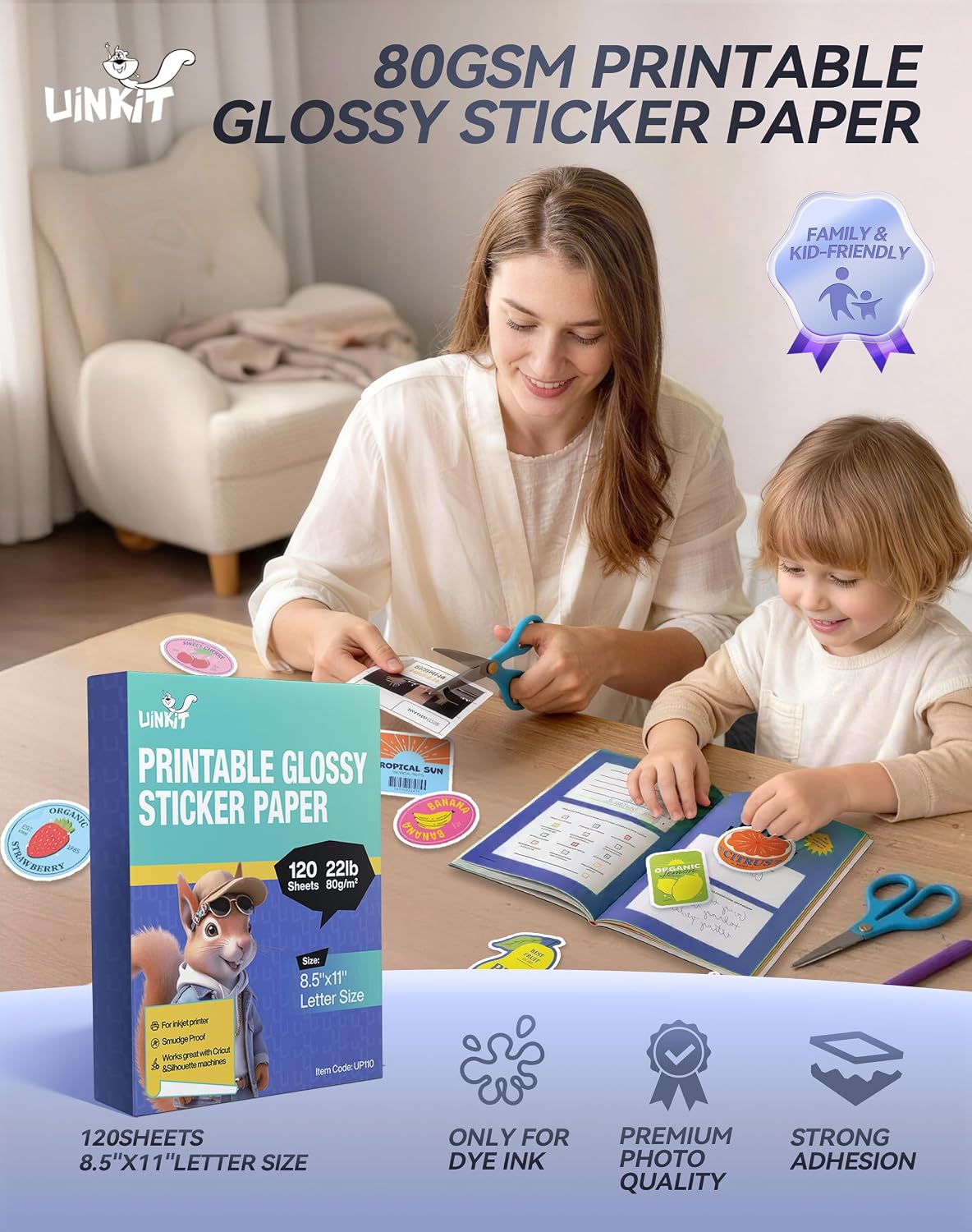 Uinkit Premium Adhesive Photo Paper 8.5x11 inch Glossy Self-Adhesive Sticker Paper for Inkjet Printer, Quick Dry Works with Cricut Silhouette - Perfect for Stickers Labels (120, Glossy) image 2