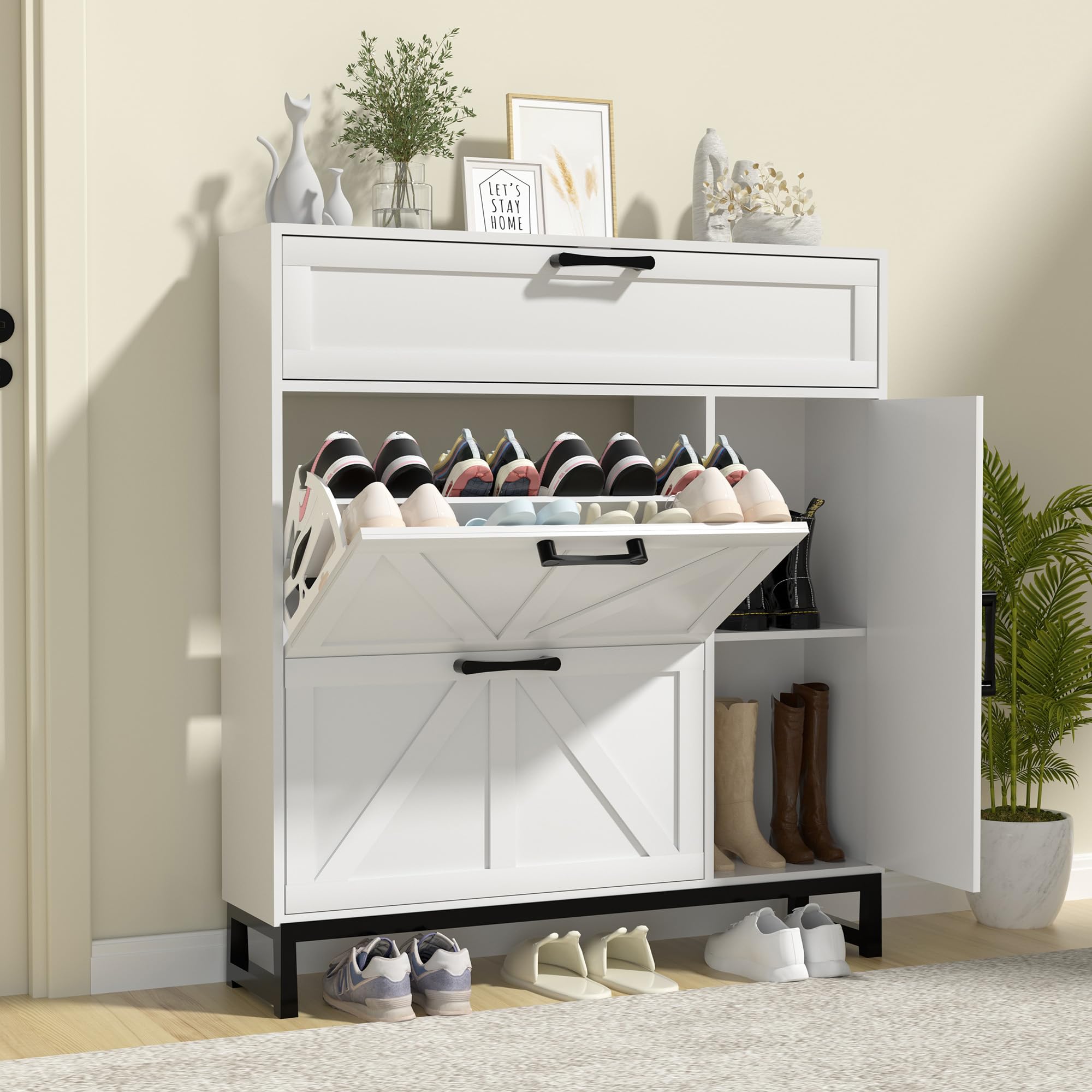 BetterhoodShoe Cabinet for Entryway with 2 Flip Drawers, Slim Freestanding Shoe Rack Organizer, Entryway Shoe Cabinet with Open Storage for Foyer and Hallway, White