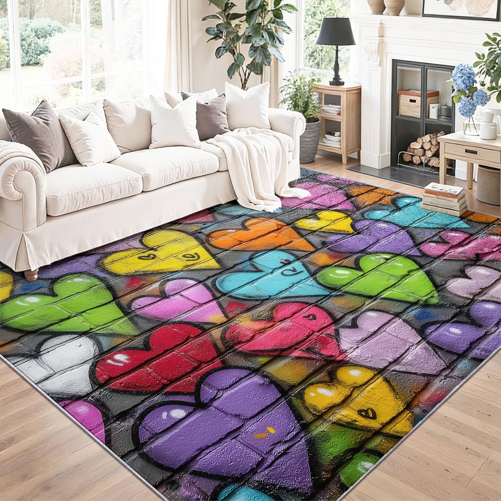 Zmywalny dywan do salonu, 160 x 230 cm, antypoślizgowy, graffiti, ściana z cegły, w kształcie serca, dywan z nadrukiem, do sypialni, niskiego runa i nie gubi włosia, kolorowe dywany do jadalni, domu