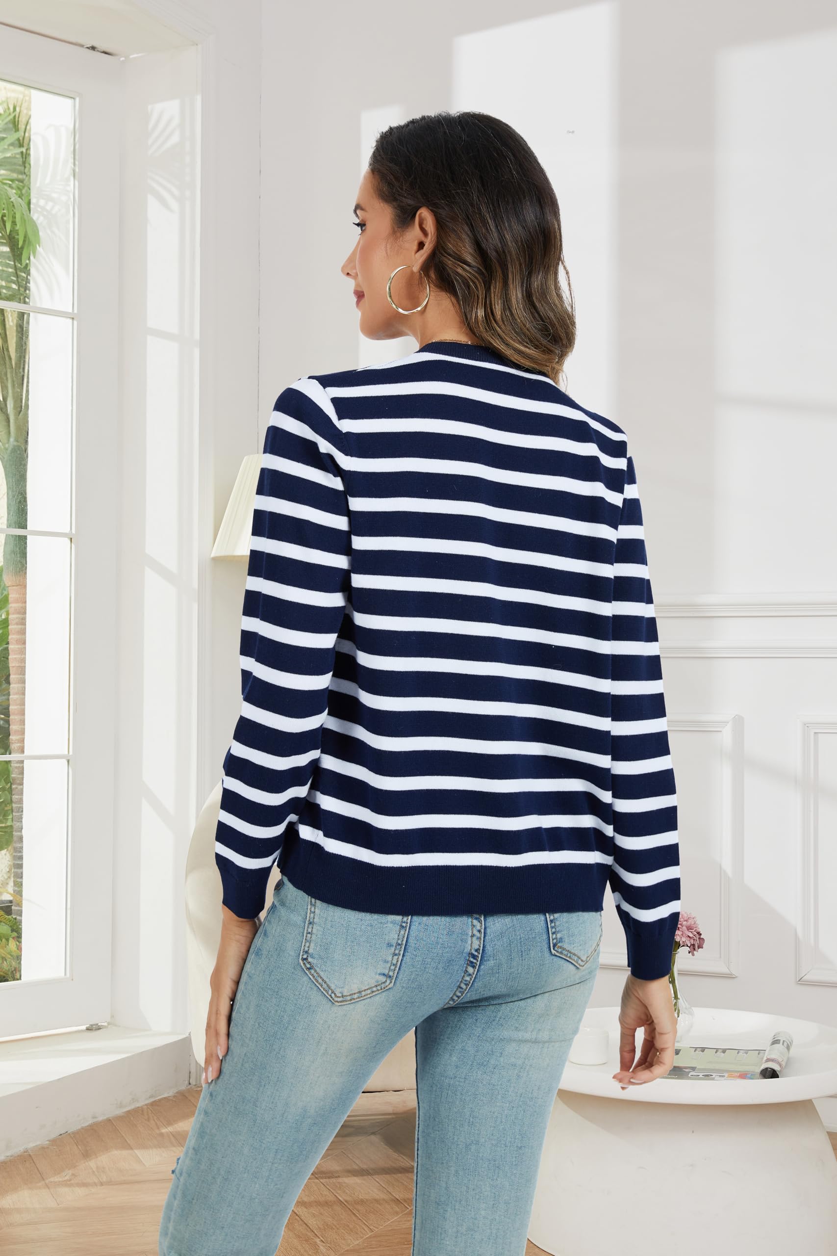 CUNYI Cardigan Donna Maglia con Bottoni Girocollo Classico Manica Lunga Giacca Cappotto Elegante, Blu Navy e Bianco S