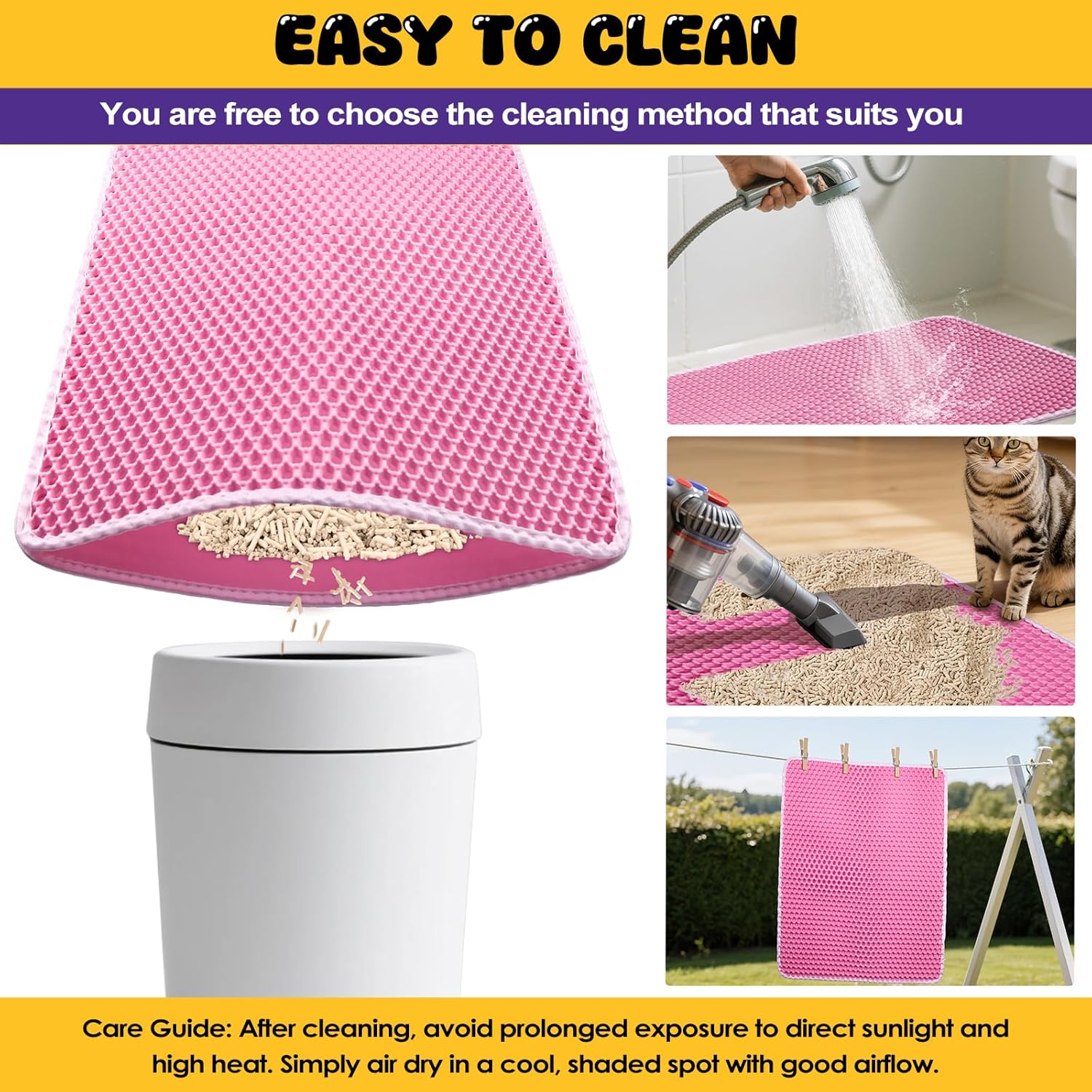 Double-Layer Cat Litter Trapper Mat - Heavy Duty Anti-Tracking Litter Box Mat with Deep Grooves & Waterproof Bottom - Stops Mess, Easy Clean (Pink,L)