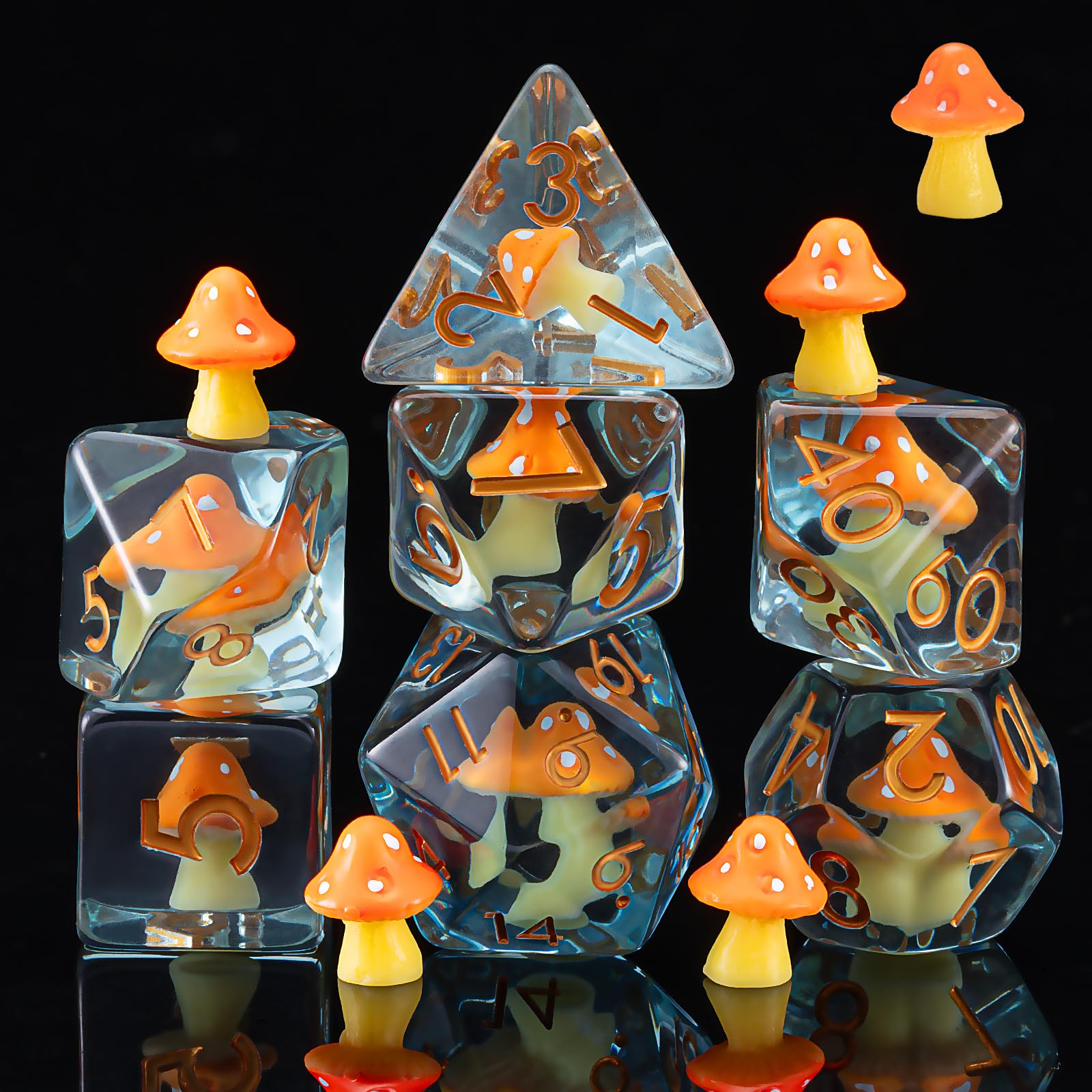Mushroom Resin Dice Set,Polyhedral Dice Yellow Mushroom Inclusion Dice,RPG D&D Dice Set for Dungeons and Dragons MTG RPG Role Playing Games