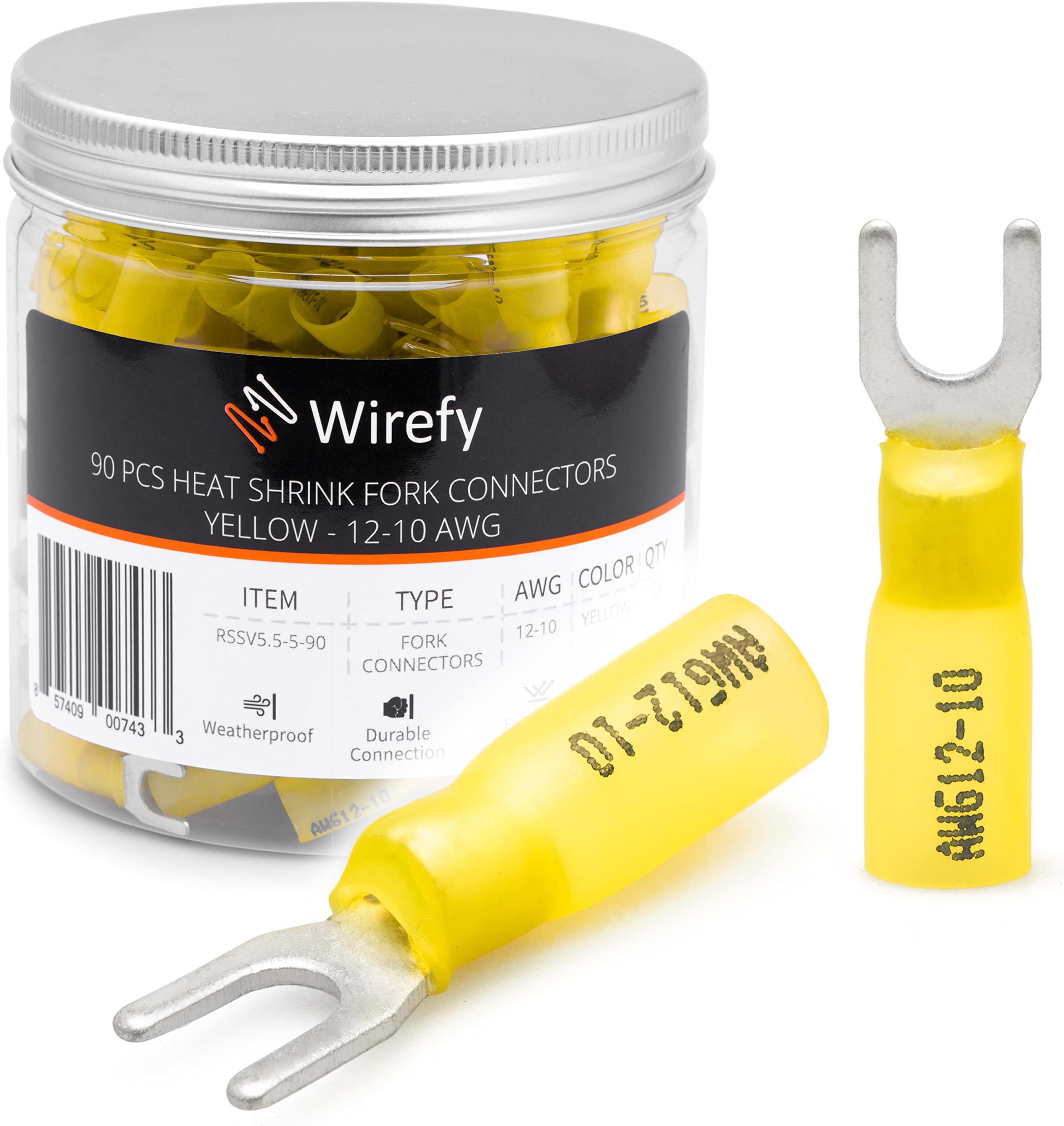Wirefy 90 PCS Heat Shrink Fork Connectors #10 - Crimp Fork Terminals - Yellow 12-10 Gauge