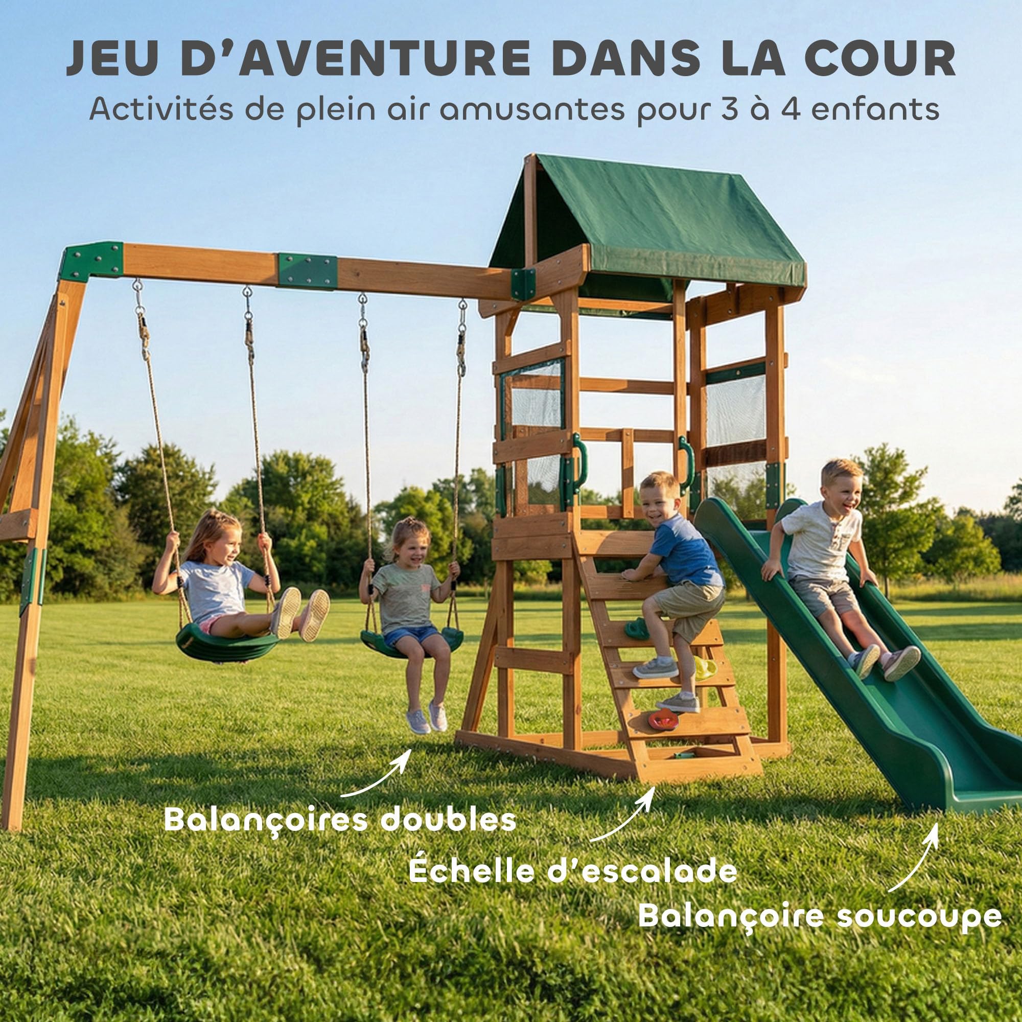 AIYAPLAY Aire de Jeux portique en Bois 2 balançoires Toboggan 3-8 Ans | Mur d'Escalade et Terrasse Couverte, Tour d'escalade pour enfants