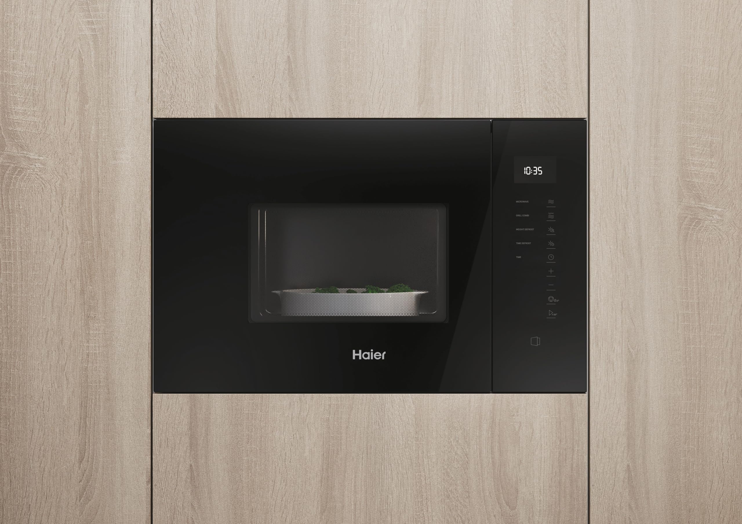 Haier Series 2&4 H38FMWID4ID27N​ Microondas Integrable con Grill, 8 Niveles Potencia, 6 Funciones, Interfaz táctil, Boton de Apertura de Puerta (no táctil), 8 Automenús, Bloqueo seguridad, Negro