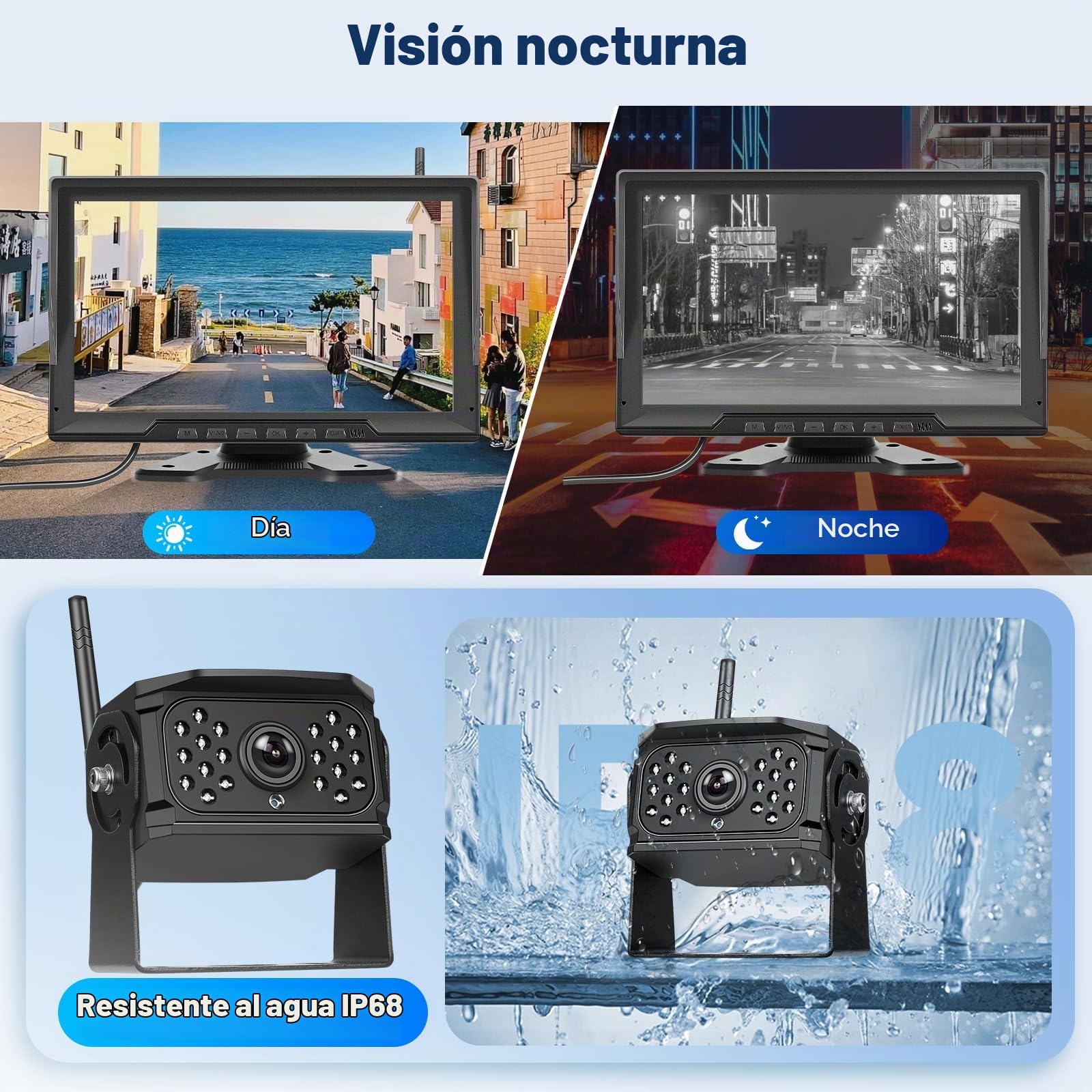 Podofo Cámara Trasera inalámbrica Digital 4 con Monitor de 10.1", HD 720P, IP68, visión Nocturna Impermeable, Sistema de 4 cámaras de Respaldo divididas para camión, Remolque y Caravana