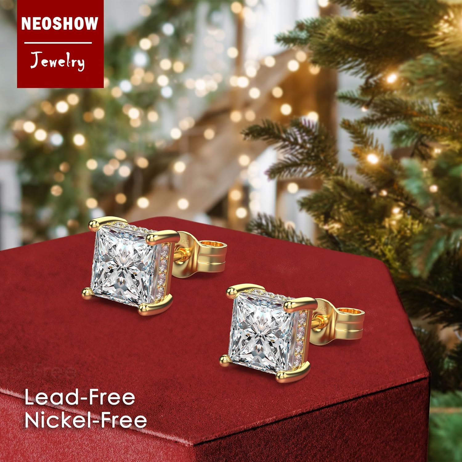 18K White Gold Plated Sterling Silver Princess Cut Cubic Zirconia Stud Earrings Square Simulated Diamond CZ Stud Earrings for Women Men Hypoallergenic - Image 2