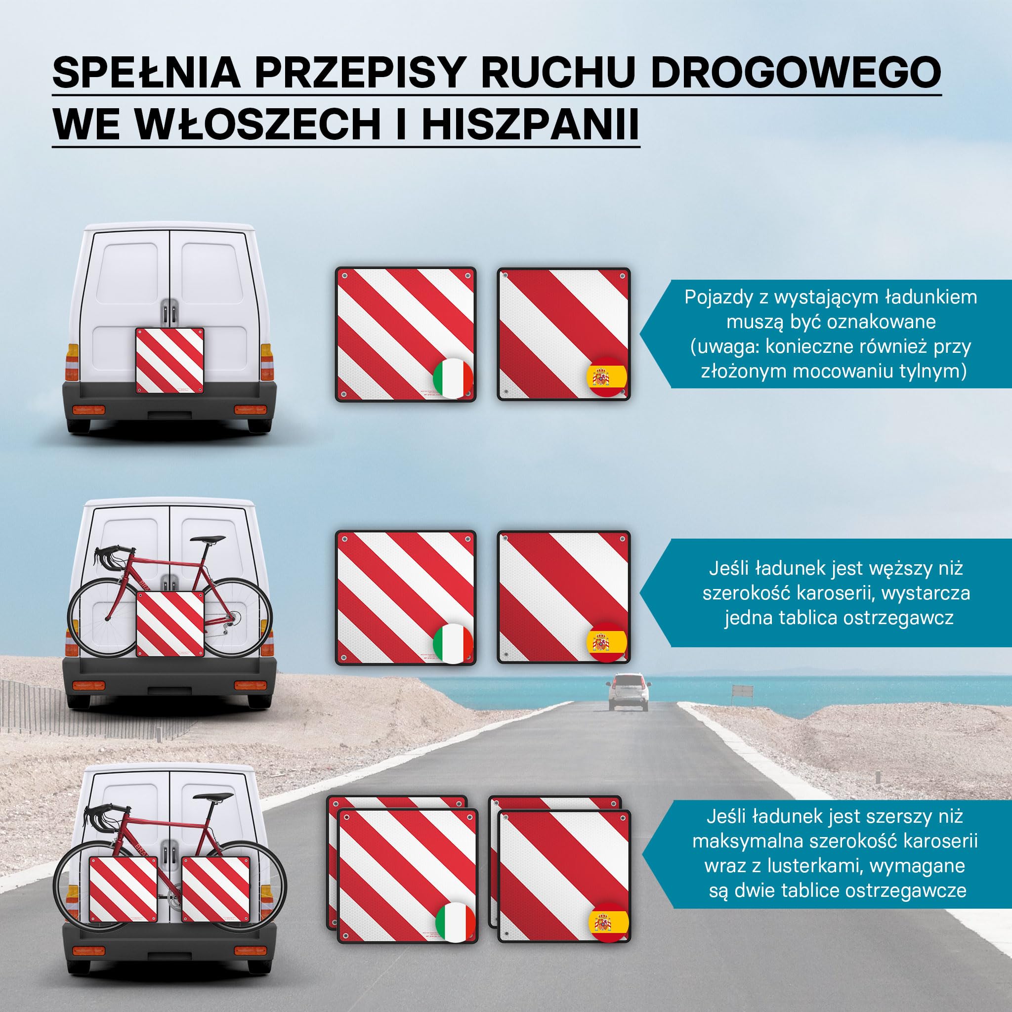 Tablica odblaskowa 2w1 dla Hiszpanii i Włoch aluminiowa 50x50cm czerwono-biała na bagażnik/rower