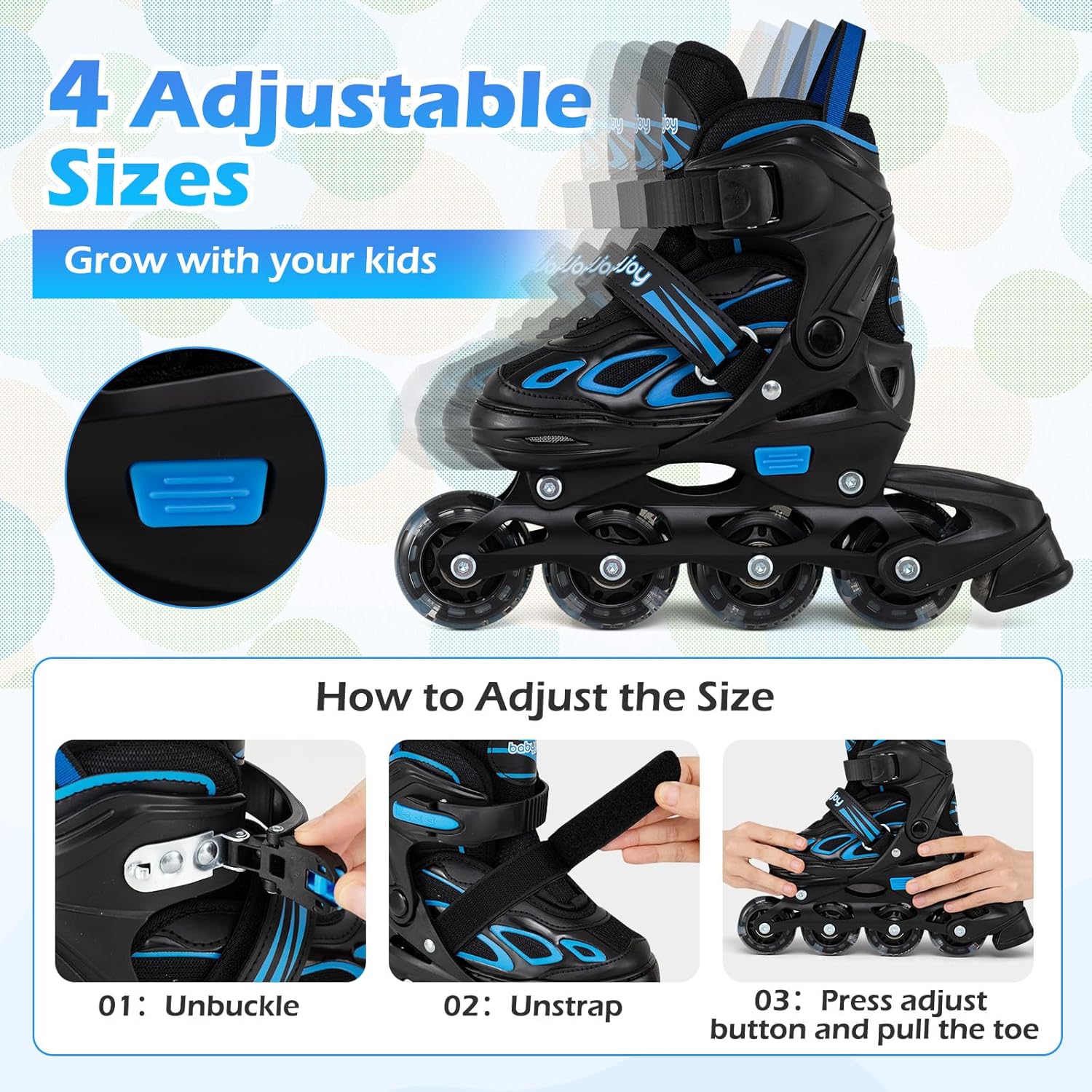 BABY JOY Inline Skates, 4 Sizes Adjustable Kids Roller Blades with Light-up Wheels for 5-14 Boys Girls Youth Children, Fun Illuminating Roller Skates for Indoor Outdoor Play