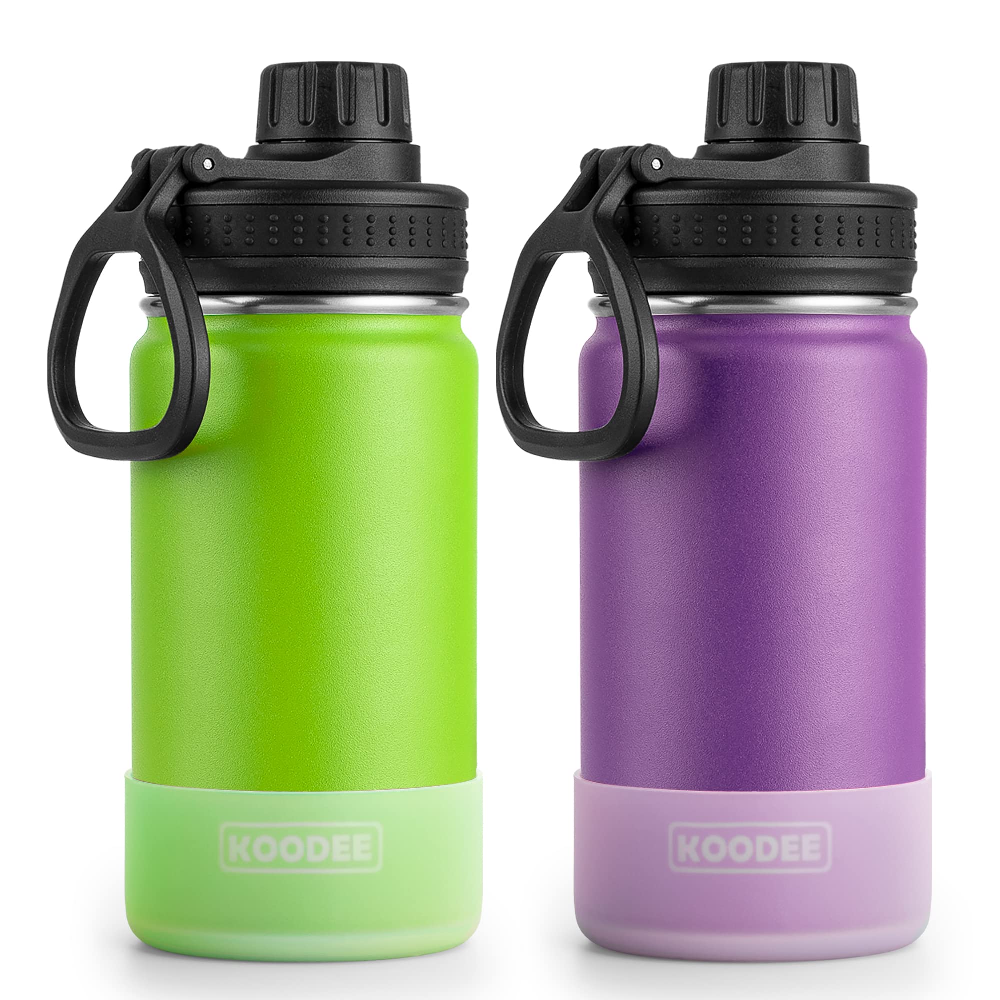 koodee Water Bottle 2 Pack 12 oz Stainless Steel Vacuum Insulated Wide Mouth Sports Water Bottle with Leakproof Spout Lid (Apple Green-Purple)
