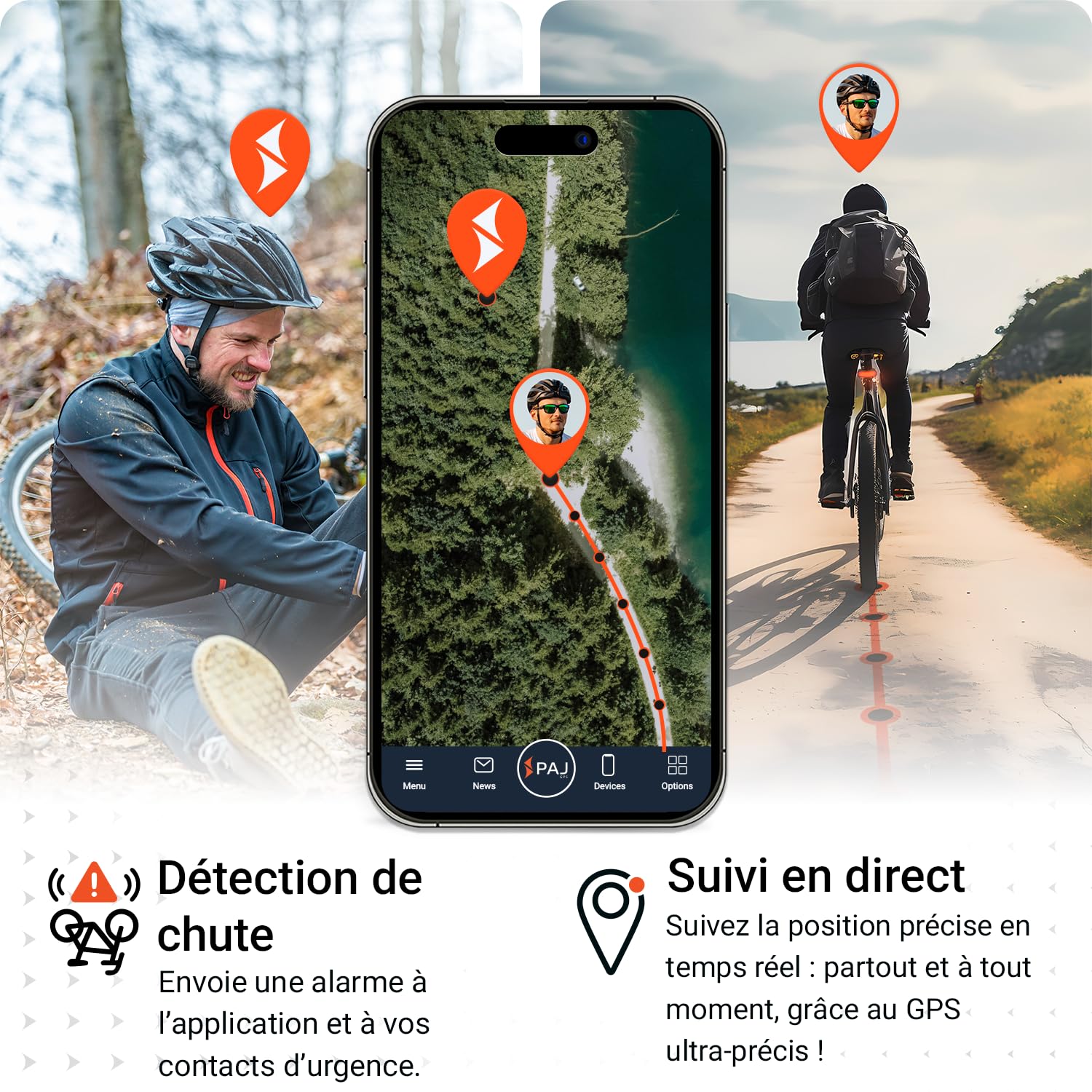 Tracker GPS PAJ Feu arrière vélo - Localisation 4G Temps réel Alerte Chute, Alarme vélo GPS étanche 20 Jours Autonomie