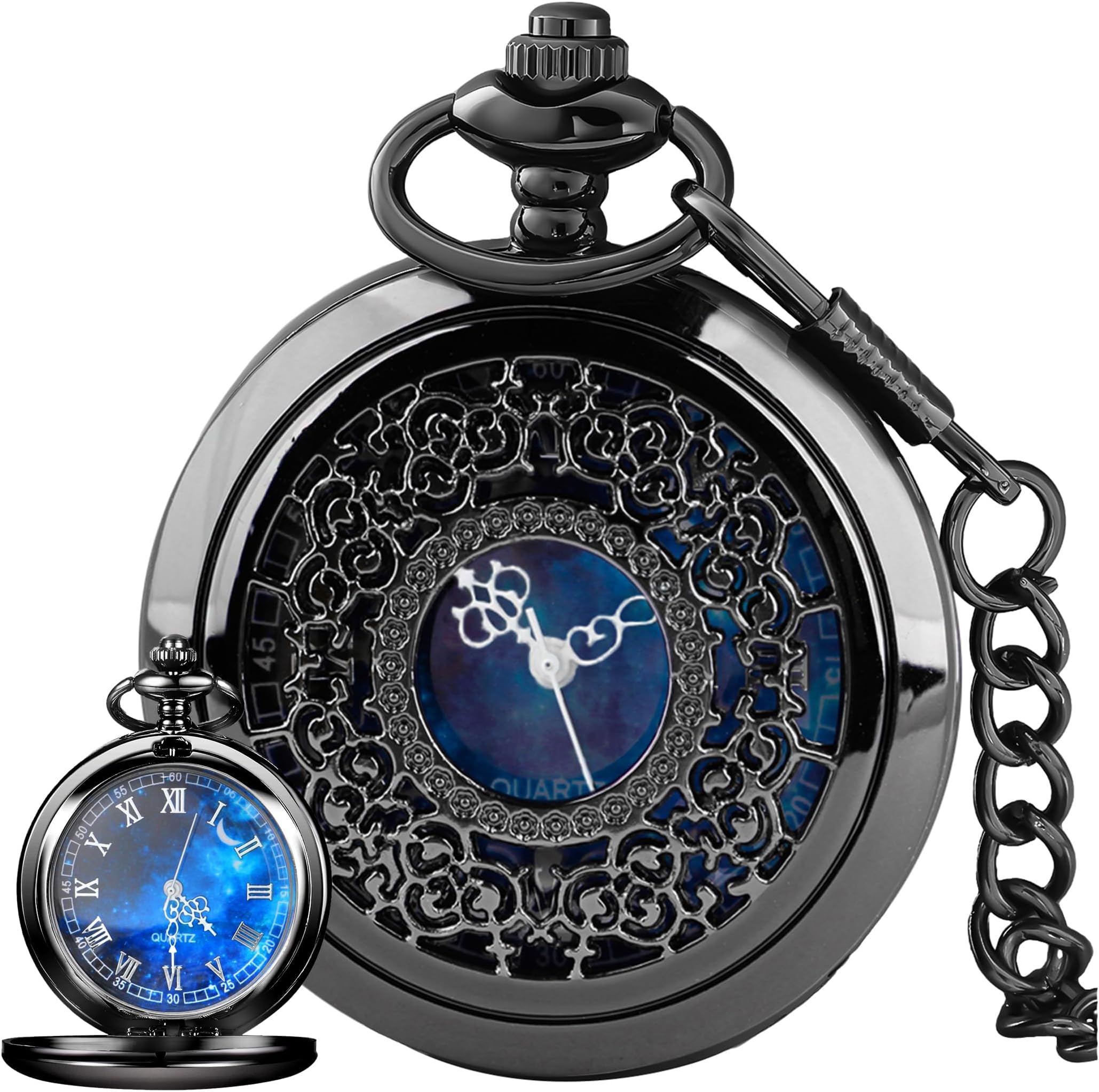 Pocket Watch Hollow Blue Star Design Roman Numerals Quartz with Chain Christmas Birthday Gifts