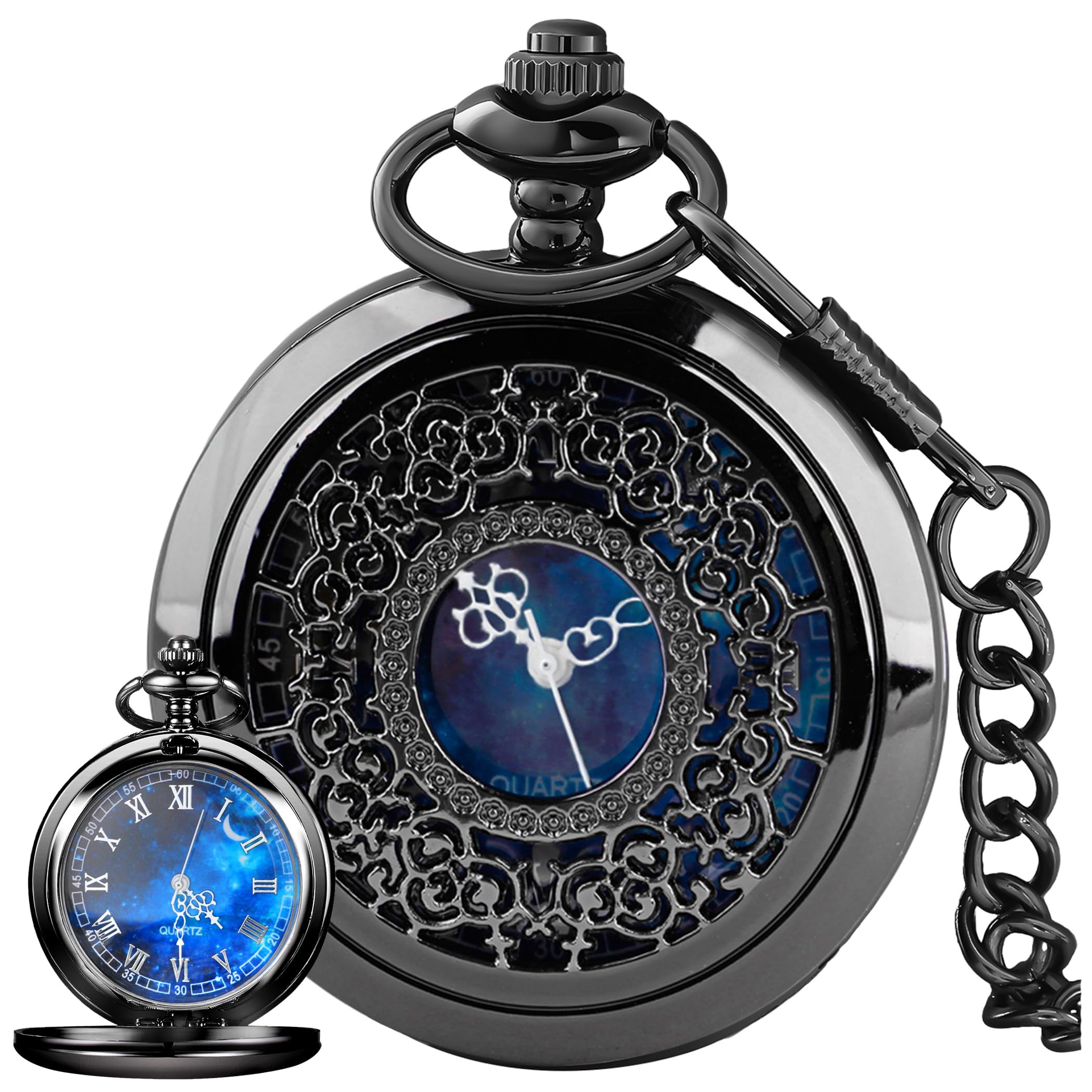 Pocket Watch Hollow Blue Star Design Roman Numerals Quartz with Chain Christmas Birthday Gifts, black blue, retro-image-30