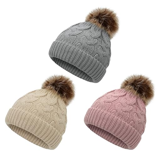 Baby Hats for Girls Boys Infant Toddler Baby Beanie Winter Hat Pom Pom Beanies Kids Warm Cap 3 Mix-Pack D One Size