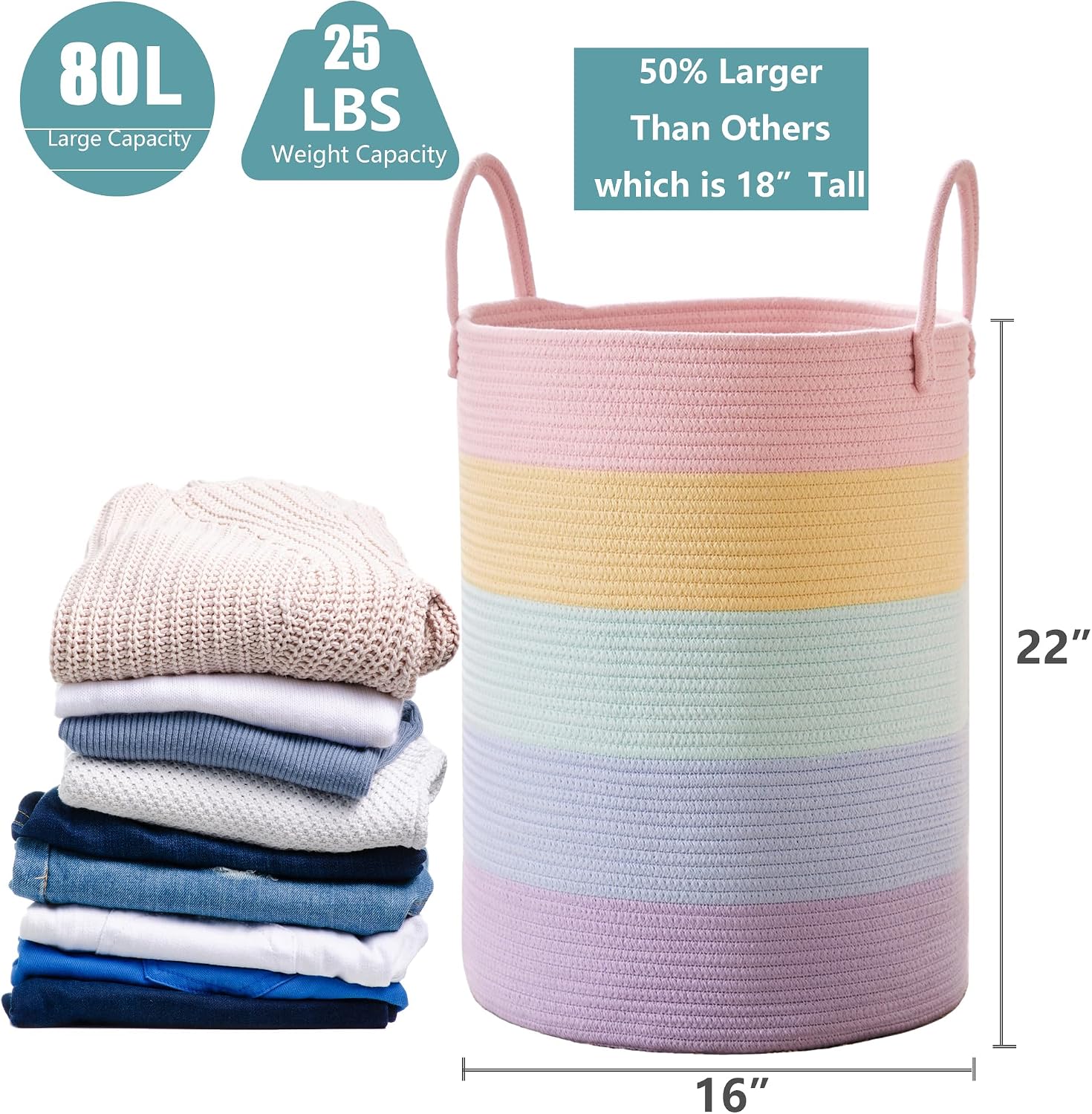 80L Extra Large Rainbow Hamper Laundry Basket for Girls Kids image 3