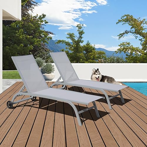 Domi - Juego de 2 tumbonas para exteriores con ruedas, marco de metal resistente con 5 posiciones ajustables reclinables para porche, playa, patio,