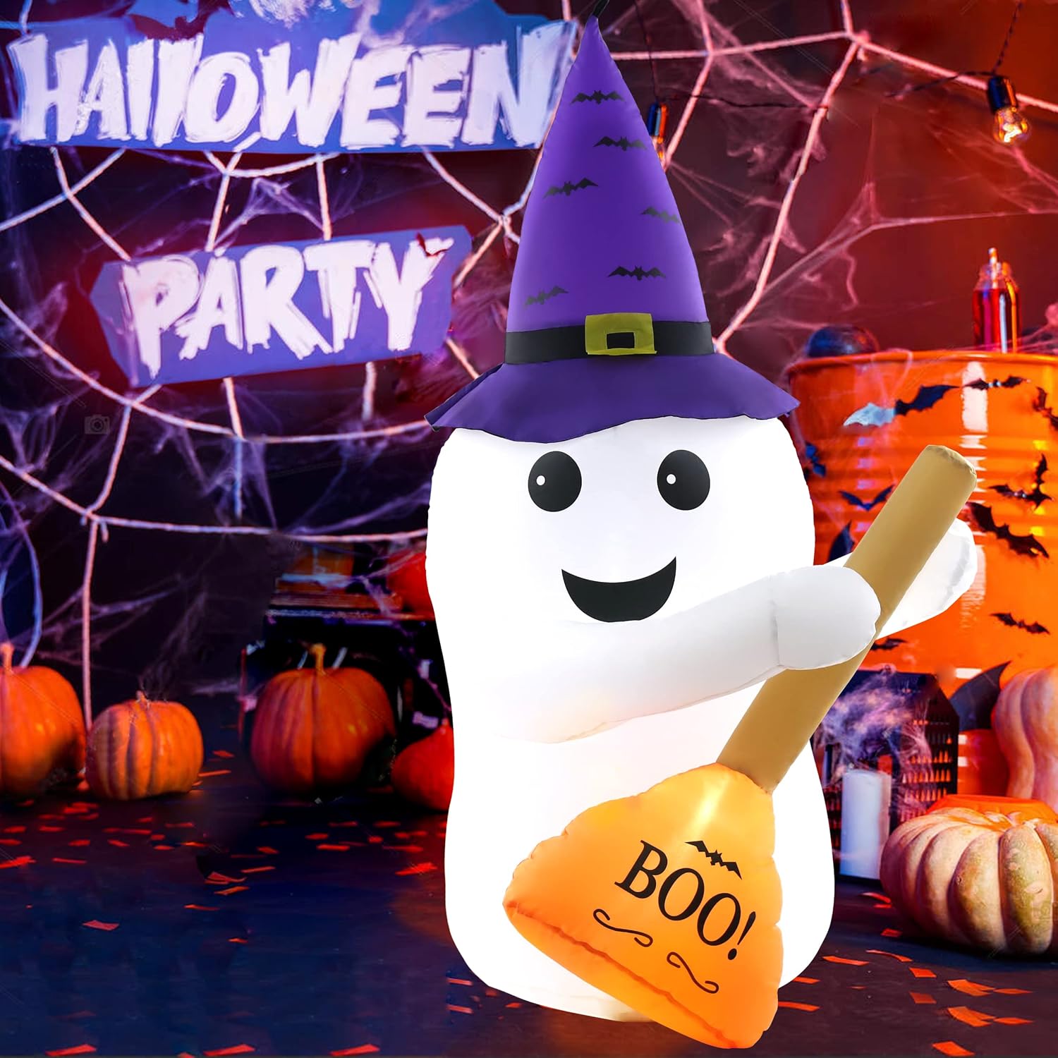 MAOYUE Halloween Inflatables 5FT Halloween Hanging Ghost with Broom Blow up Halloween Decorations Outdoor, Built-in LED Lights with Tethers, Stakes for Outdoor, Yard, Garden