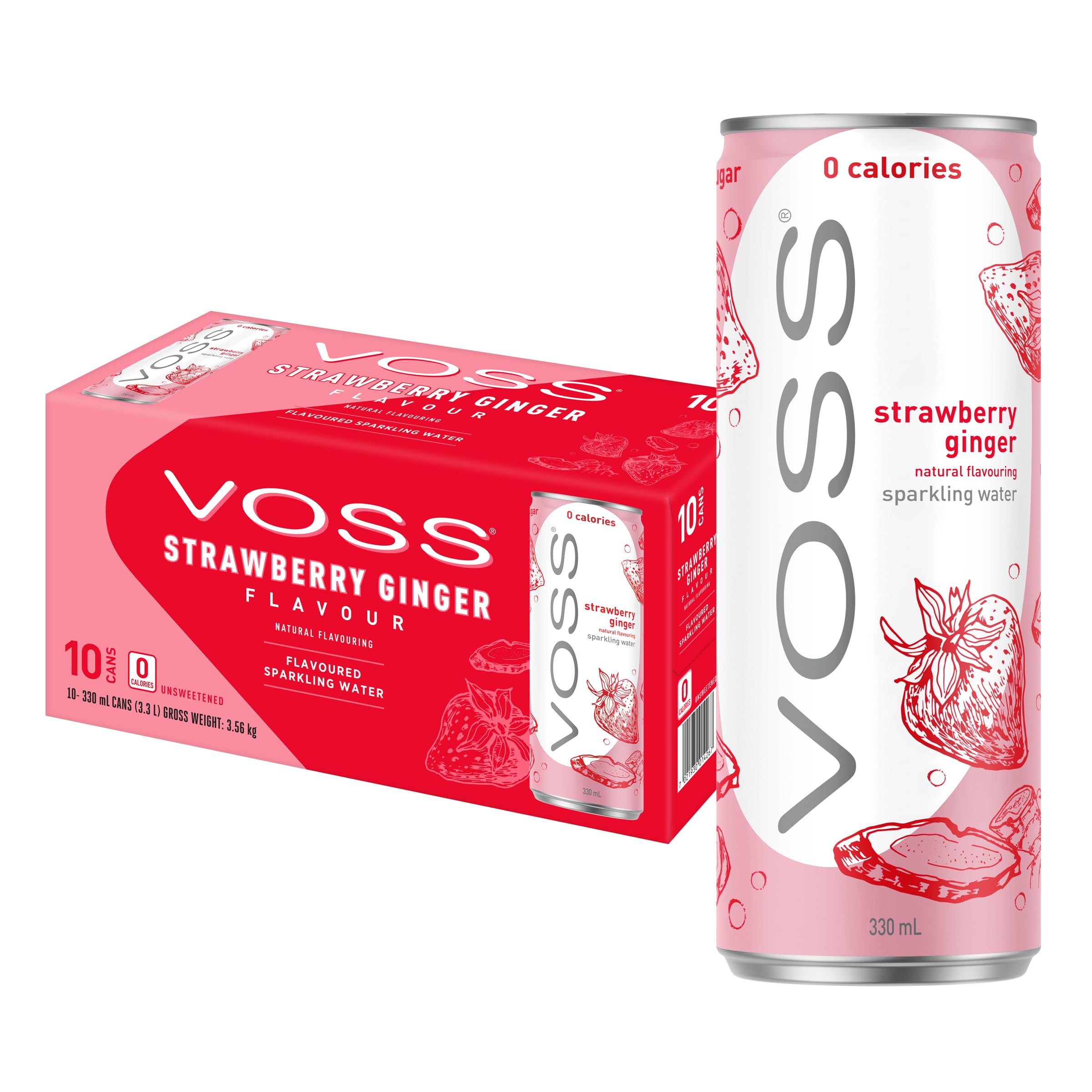 VOSS Flavoured Sparkling Water | Zero Sugar Drink | Zero Calorie | Naturally Sourced Water | 10x 330ml Multipack (Strawberry Ginger)