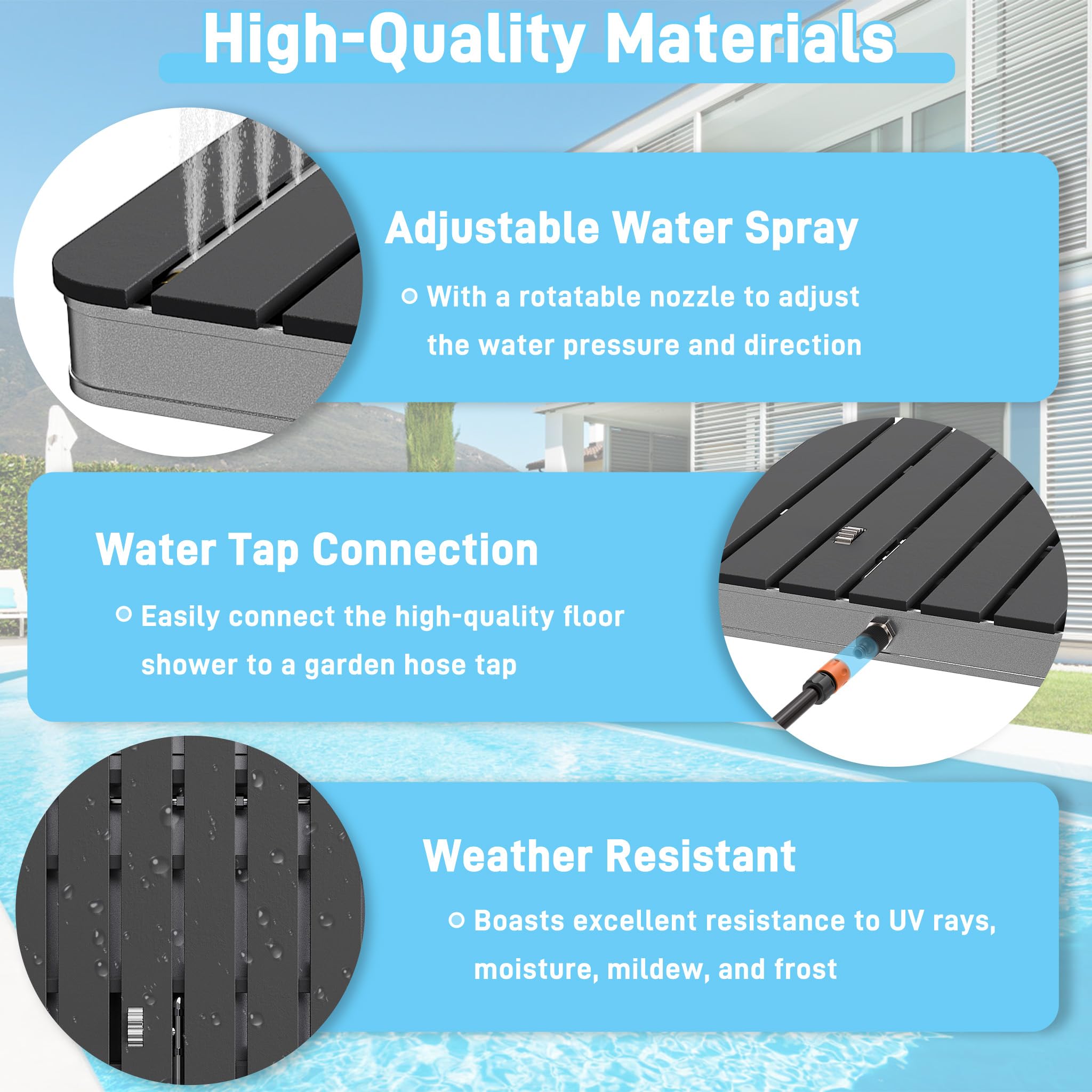 UISEBRT WPC Ducha de jardín con ruedas hasta 4 m de altura de la fuente, antideslizante, resistente a la intemperie y a las heladas y a los rayos UV, ducha exterior para piscina, camping, sauna