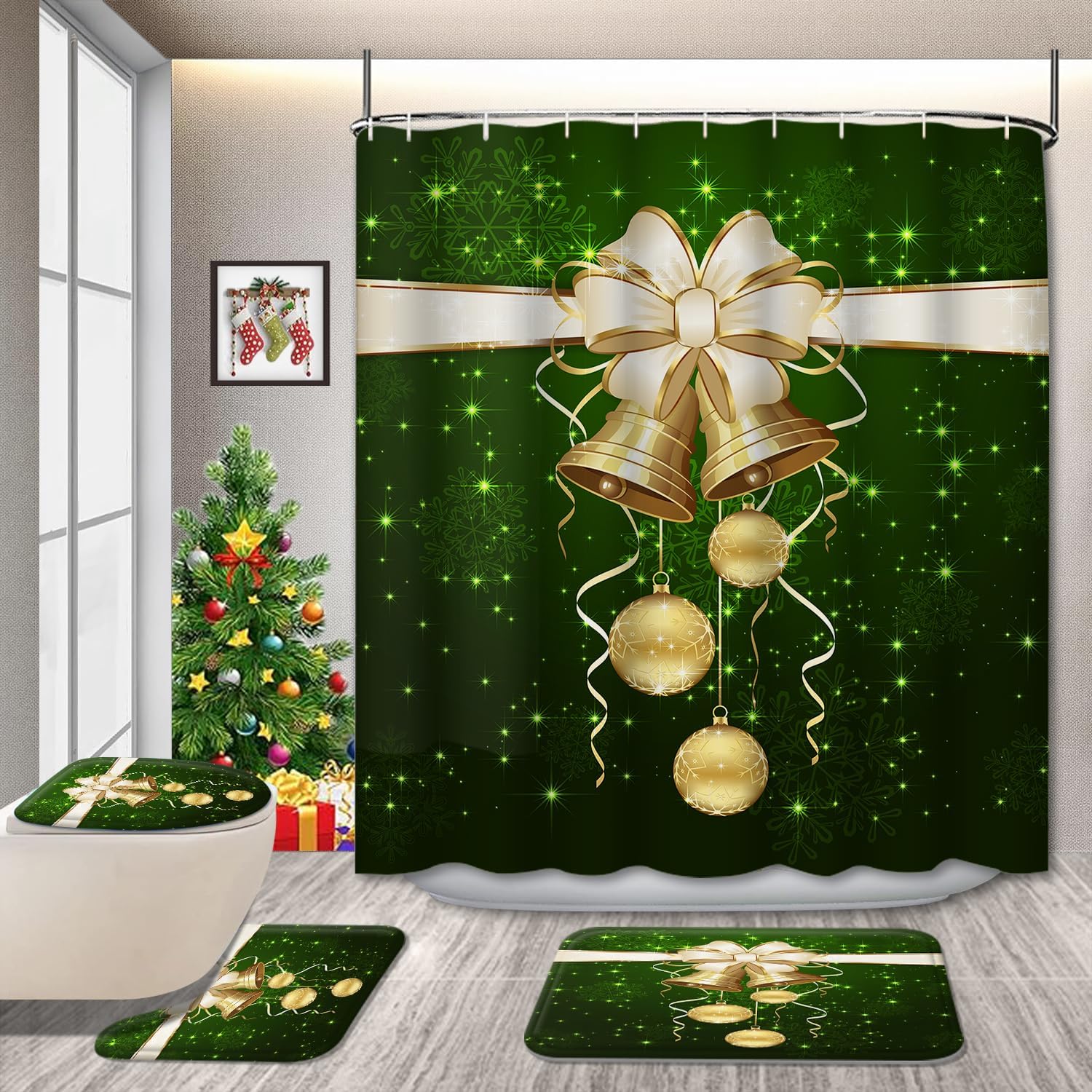 4 Pcs Green Christmas Shower Curtain Sets, Golden Bell Decor with Green Background Christmas Bath Curtain, Snowflakes Waterproof Shower Curtain with 12 Hooks, 72×72 inch Style 12 72"W x 72"L (Pack of 1)