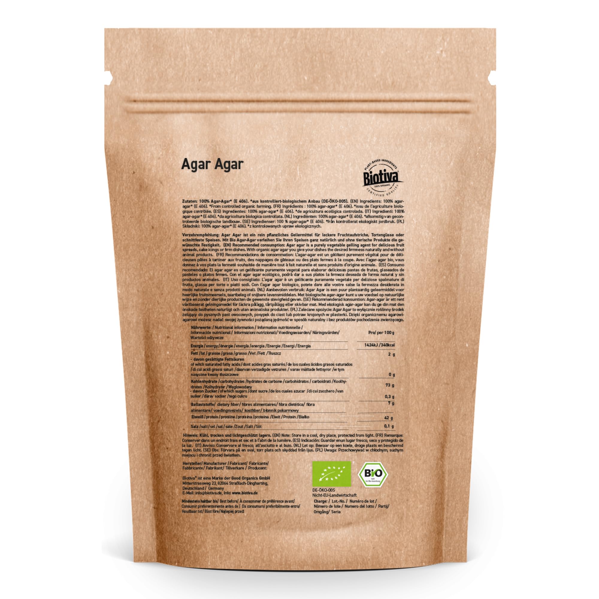 Biotiva Agar Agar oránico 200g - sustituto vegano de la gelatina - aglutinante y gelificante - para platos dulces y salados - controlado y embotellado en Alemania