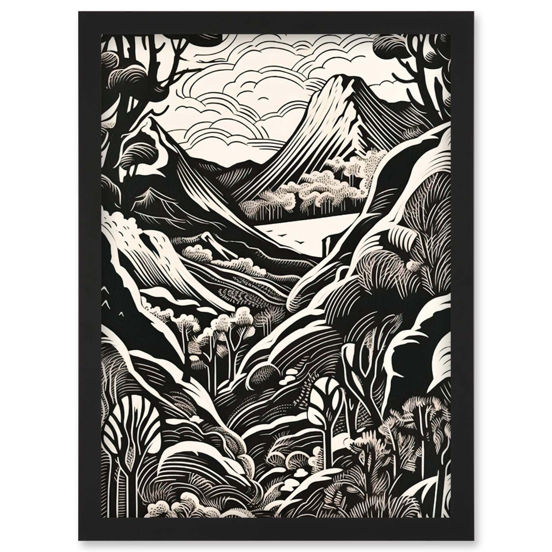 Artery8 Framed Linocut Artwork - Forest Mountain Landscape Black and White Wall Art Print - A4