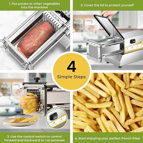 Miniatura 7 de Flyseago Cortador de patatas fritas eléctrico de acero inoxidable profesional con 2 cuchillas para uso comercial doméstico y pepinos zanahorias