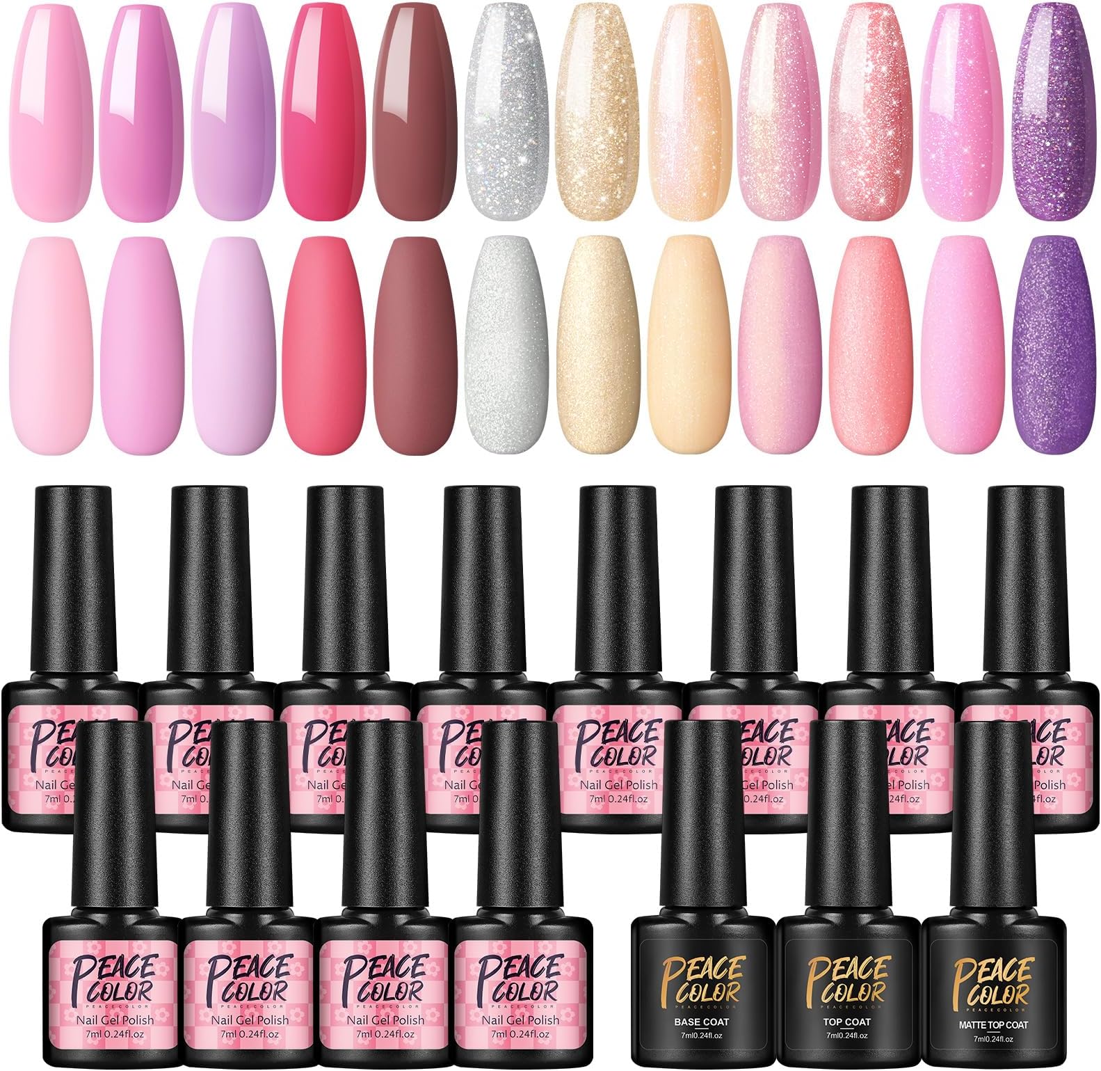 PEACECOLORGel Nail Polish 12 Colors Gel Nail Kit Soak Off Base,Glossy n Matte Top Coat Manicure Tools Nail Art DIY at Home