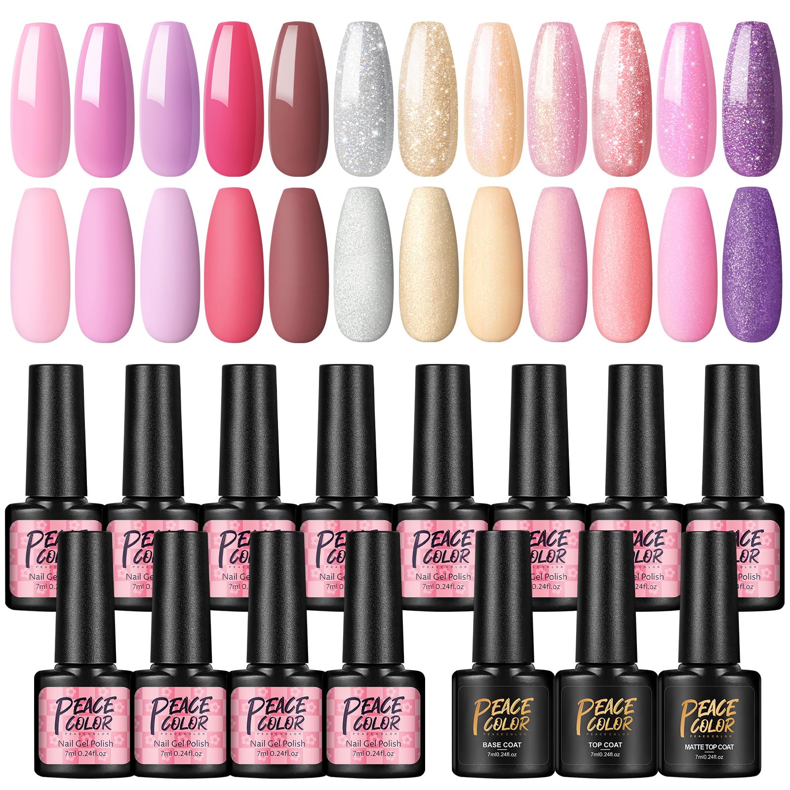 PEACECOLORGel Nail Polish 12 Colors Gel Nail Kit Soak Off Base,Glossy n Matte Top Coat Manicure Tools Nail Art DIY at Home