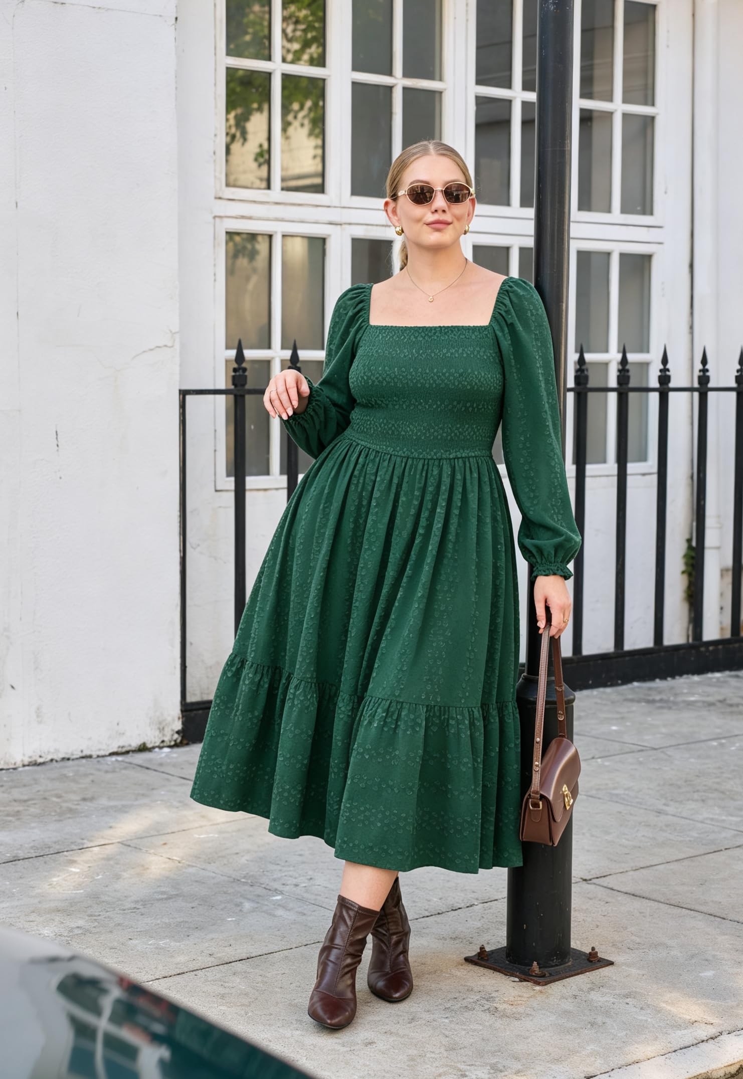RITERA Herbstkleider in Übergröße für kurvige Frauen, Maxi-Hochzeitsgäste, langärmelig, gesmokt, schweizer Punkt, Winterkleid, Taschen, XL-5XL
