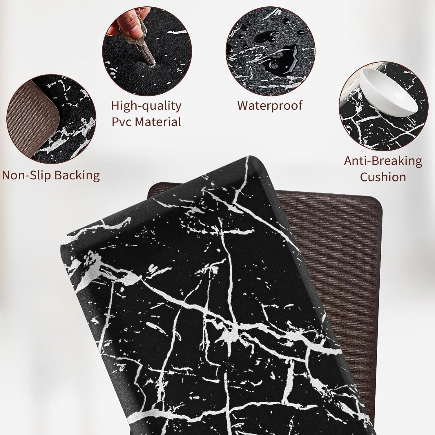 UKISS marbling Kitchen Rugs, Cushioned Kitchen Mats, Anti Fatigue Mat for Floor, Waterproof Kitchen Rug，Non-Slip Comfort Standing Mat for Kitchen&Office (Black, 17.3 x 28 inches+17.3 x 47inches)
