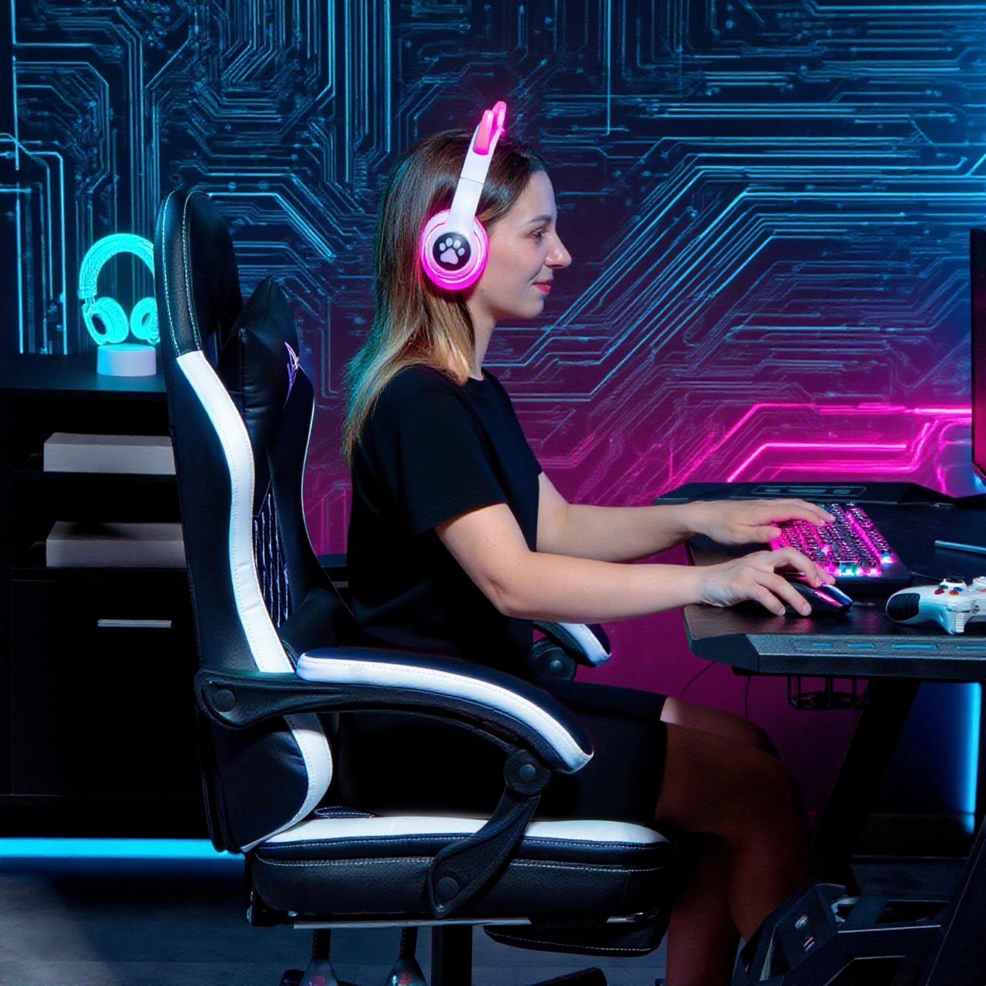 HOMCOM Fotel gamingowy, ergonomiczny fotel dla graczy z podparciem okolic lędźwiowych, podnóżkiem, z regulacją wysokości, fotel gamingowy z poduszką pod głowę, krzesło biurowe z diamentowym szytym