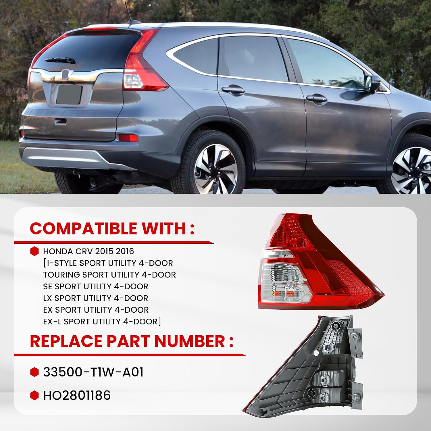 Tail Light Assembly with bulbs Compatible With 2015-2016 Honda CRV Replacement for 33500-T1W-A01 HO2801186 Taillight Rear Lamp