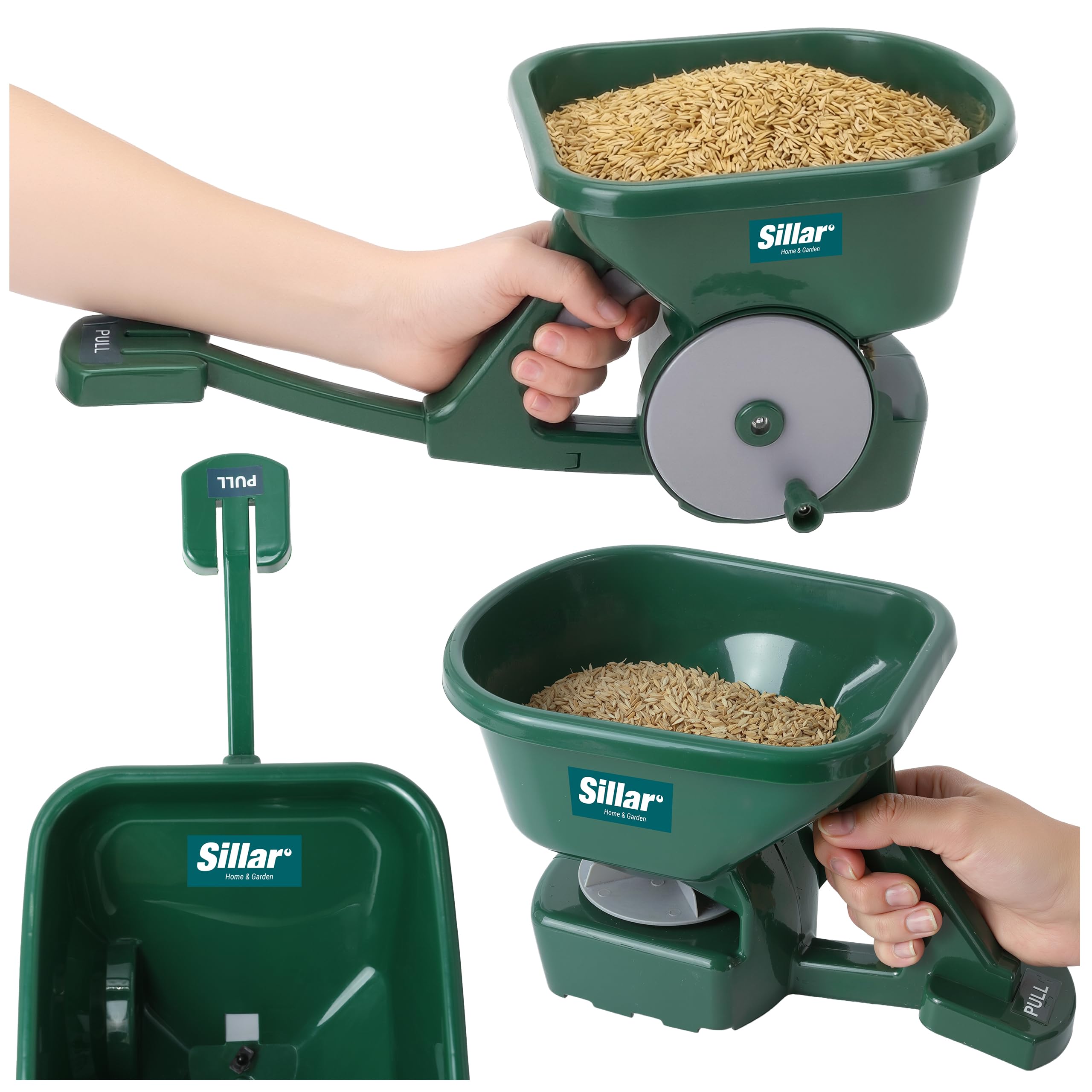 Sillar Handstreuer mit Ausziehbarer Stütze, 3 L Düngerstreuer und Samenstreuer, 4-Stufen Dosierung, 1,8-3,6 m Streubreite, Für Rasen, Salz, Sand und Streugut, Grün