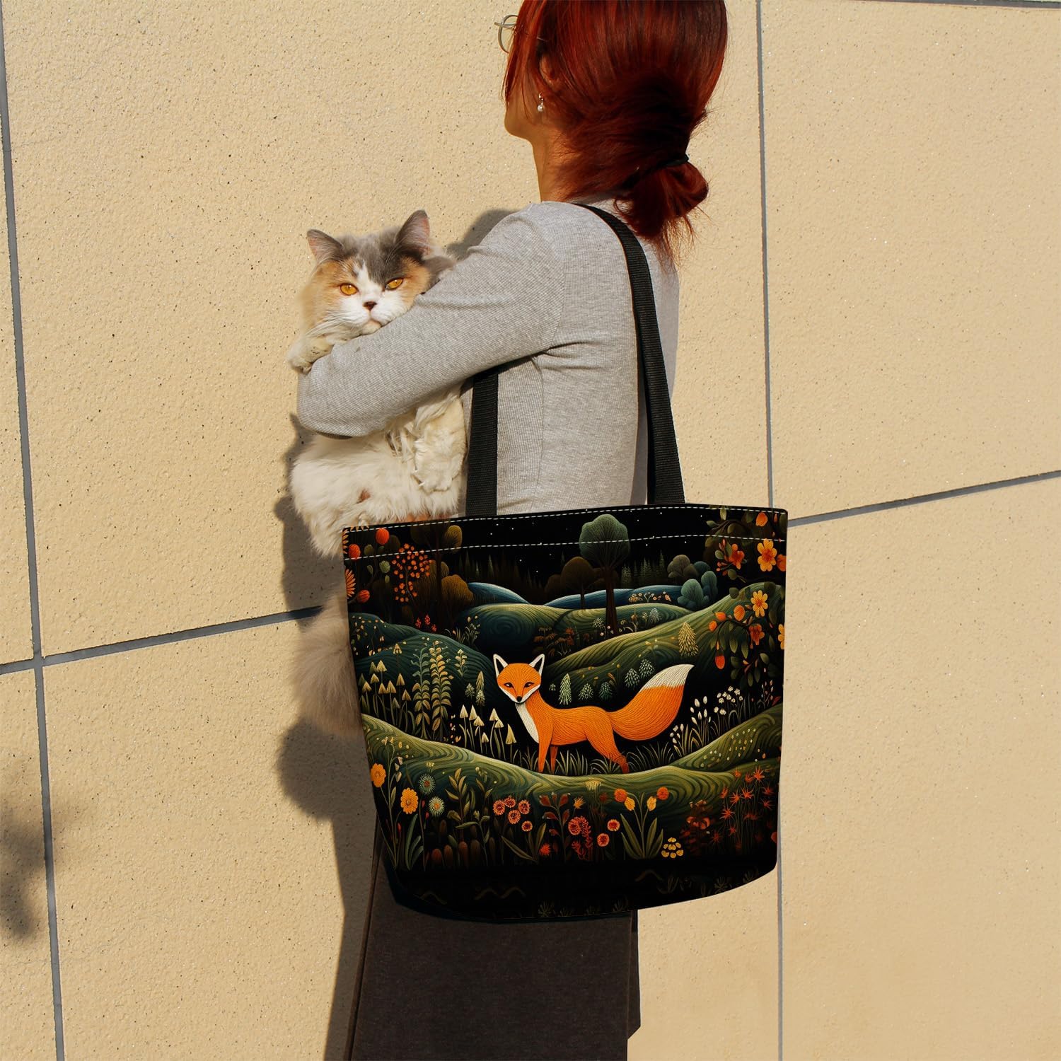 Cartoon Fox Tote Bag Reusable Grocery Bags Cute Aesthetic Shopping Shoulder Handbag with Interior Zipper Pocket Lightweight & Washable Stylish Cartoon Fox Present for Women - Image 2