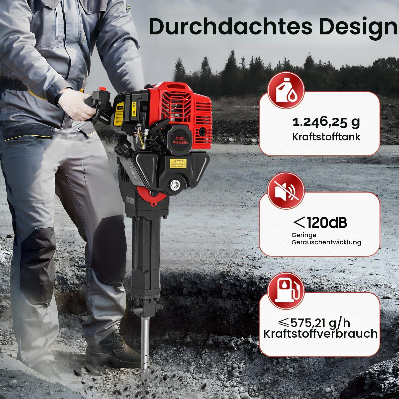 52CC Garten Baum Bagger Benzin, 2-Takt Benzin Abbruchhammer mit 3 Meißeln & Schaufel, 1900W Benzinbagger Grabenfräse, Handgeführter Abbruchhammer für Baumstumpffräse Erdlochbohrer