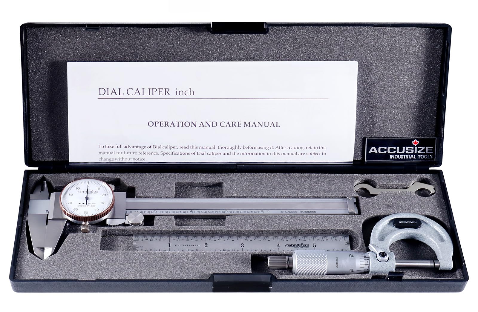Accusize Industrial Tools 6 inch Dial Caliper, 0-1 inch Outside Micrometer and 6 inch Rule Machinist Case, 3600-1035