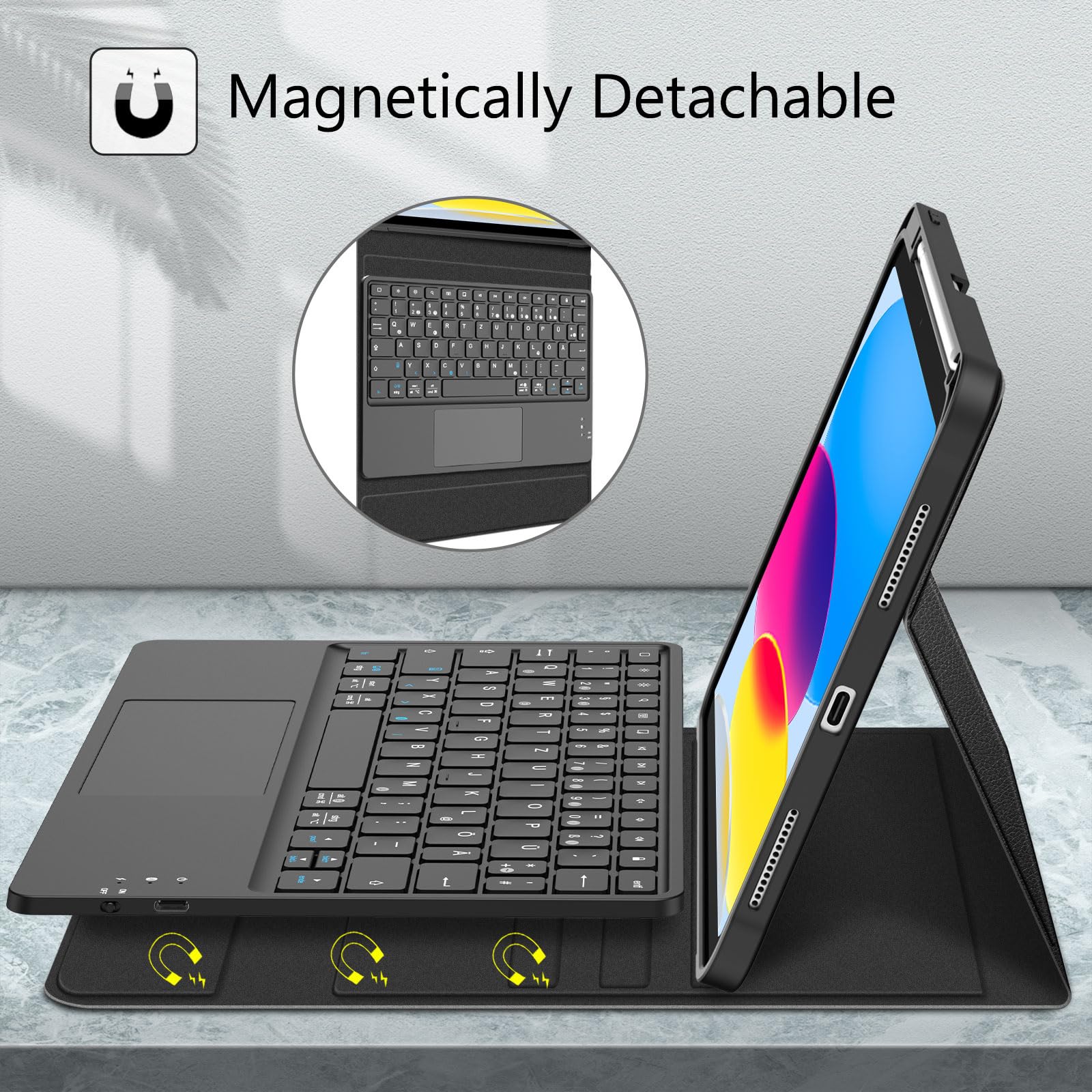FINTIE Hoesje met toetsenbord voor iPad 11e generatie 2025 11 inch, iPad 10e generatie 2022 10,9 inch, 7-kleurig verlichte magnetische afneembare toetsenbordhoes met penhouder, ijsblauw