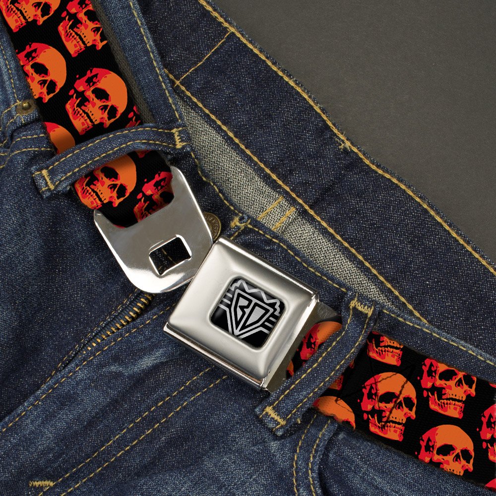 Buckle-Down Belt, Seatbelt Buckle Belt, 3D Skulls Repeat Black Reds, 24 to 38 Inches