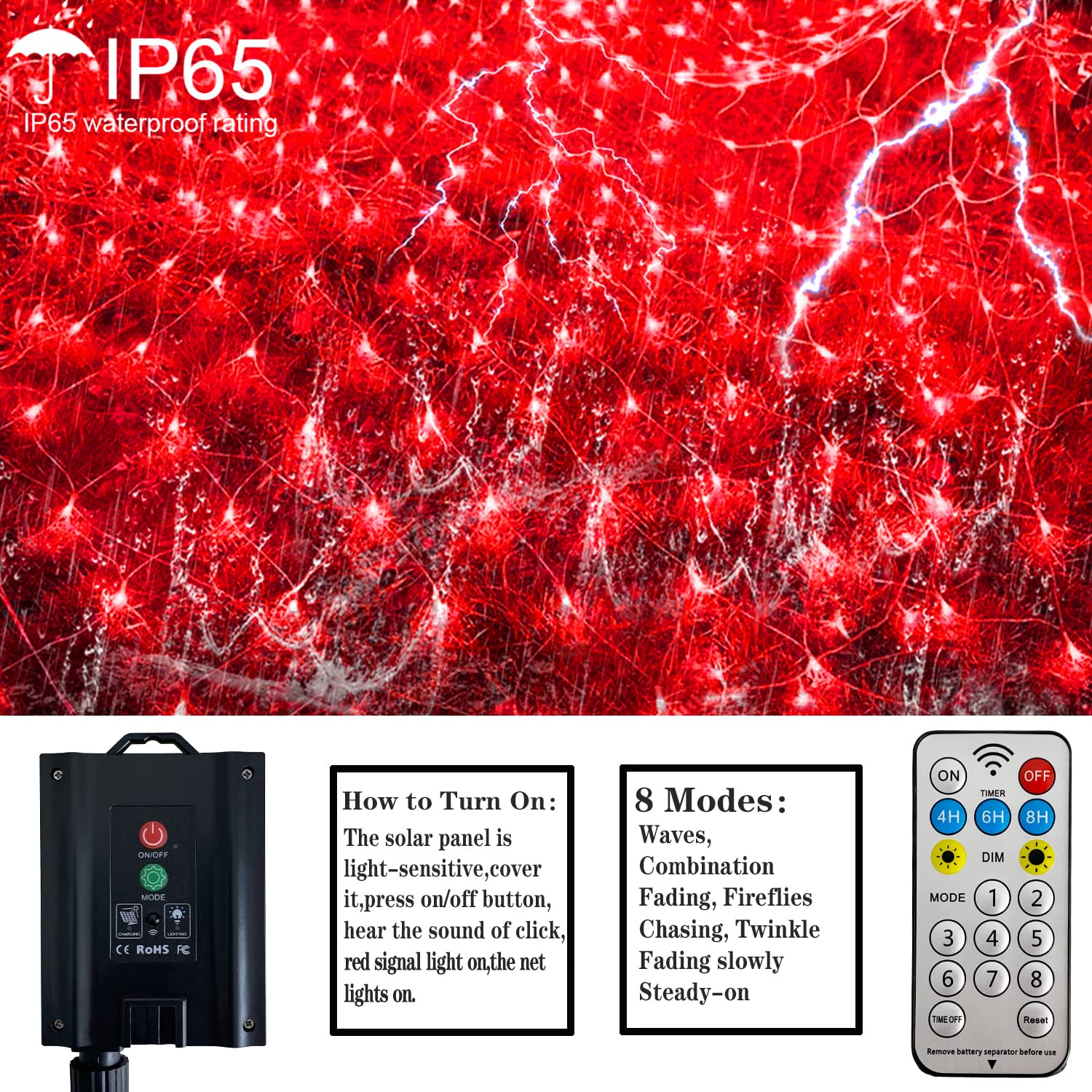 Malgero Red Christmas Solar Net Lights Outdoor Mesh Lights, 8 Modes 9.8FtX6.6Ft 264LED Bush Tree Wrap Decor Fairy Twinkle String Lights for Holiday,Yard,Patio,Wedding,Garden